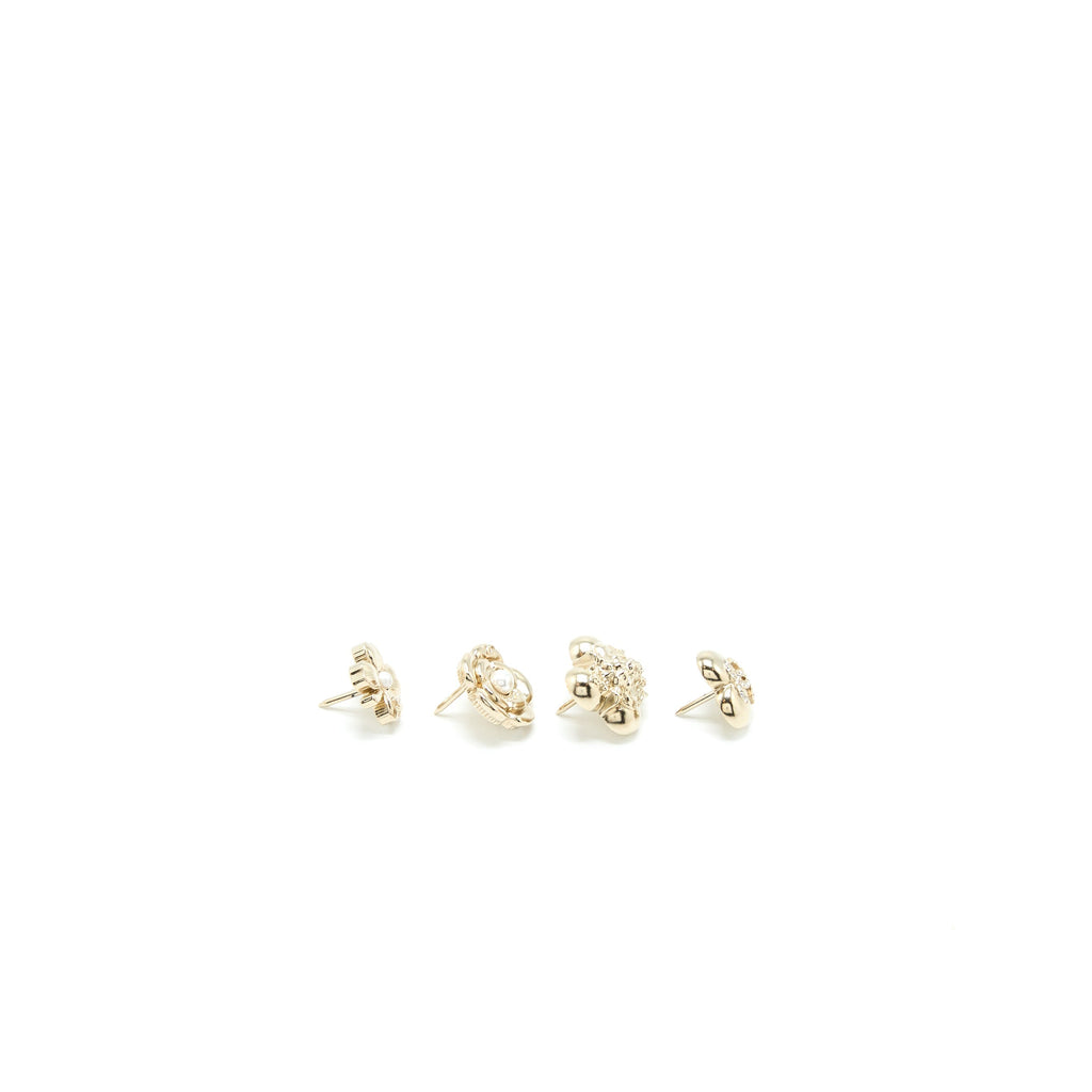 Chanel 4 Pins Brooch Crystal/Pearl Light Gold Tone