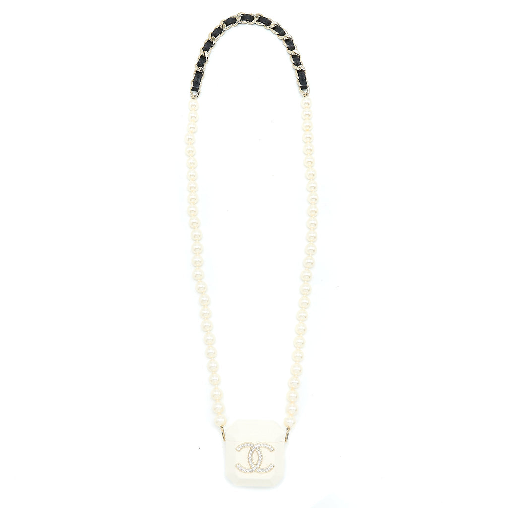 Chanel AirPods Case With Pearl Chain White Light Gold Tone