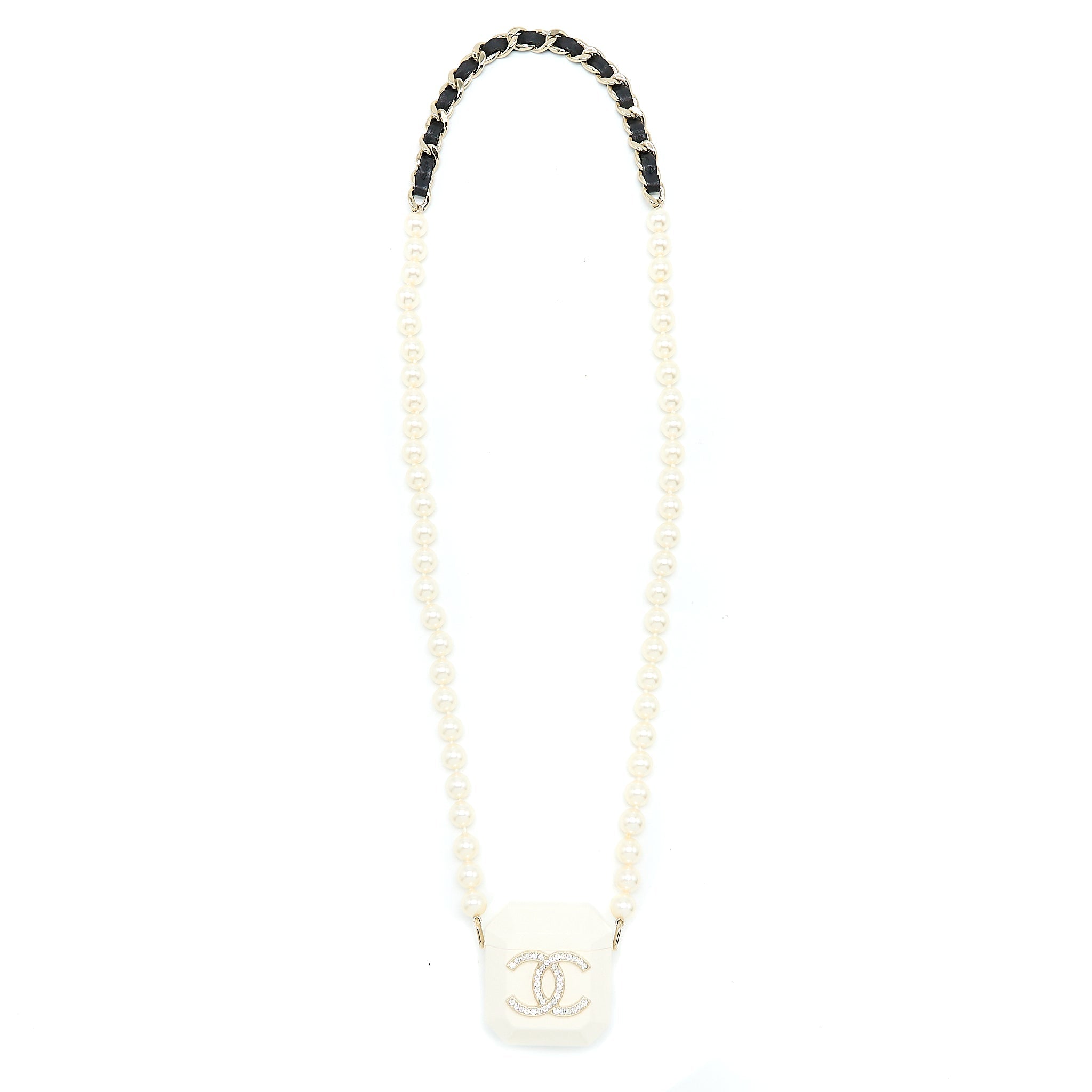 Chanel AirPods Case With Pearl Chain White Light Gold Tone