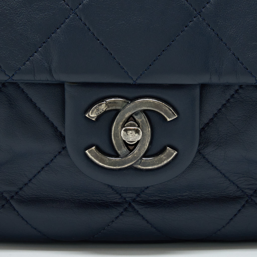 Chanel Flap Hobo Bag Calfskin Navy With Ruthenium Sliver Hardware