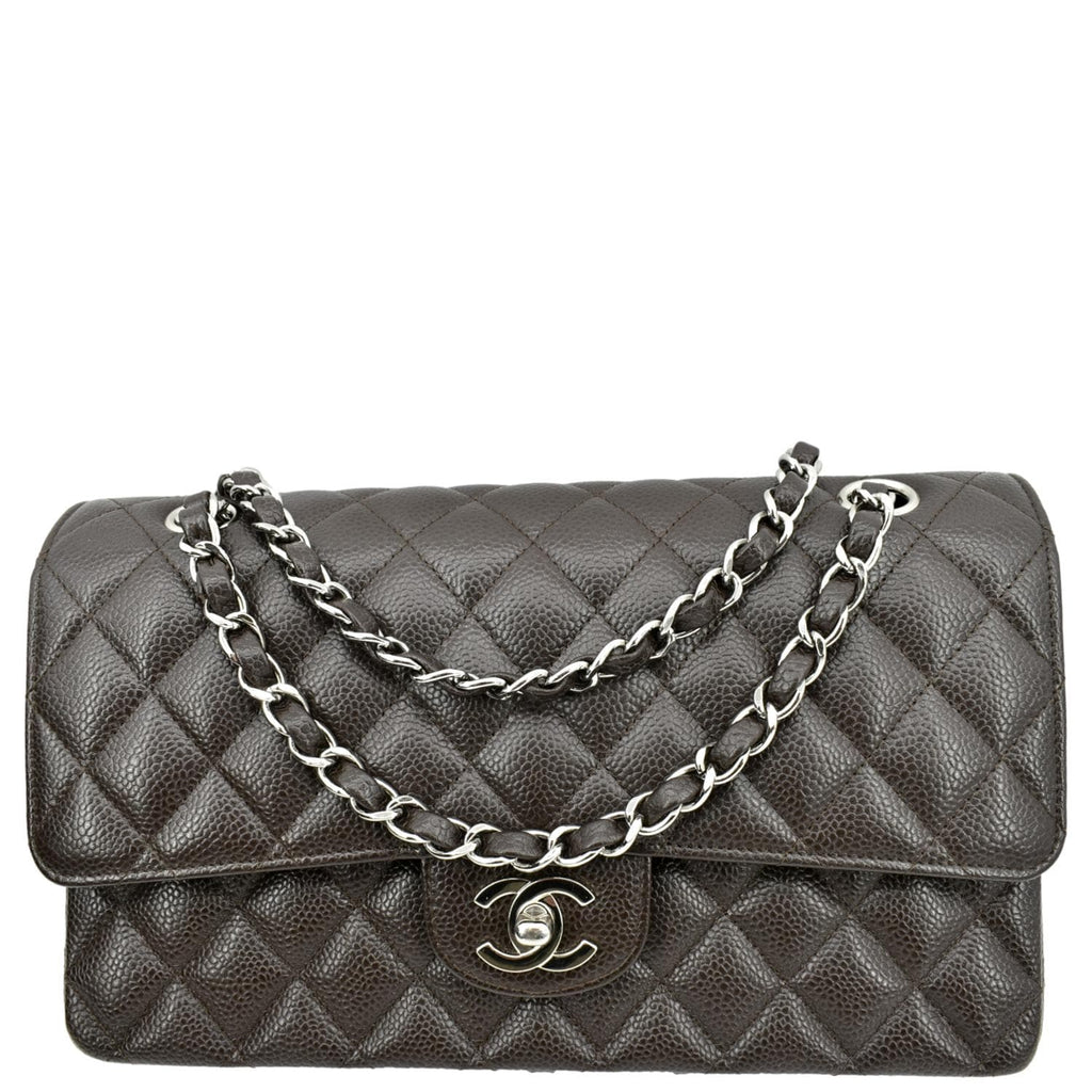 CHANEL Classic Medium Double Flap Caviar Leather Shoulder Bag Chocolate