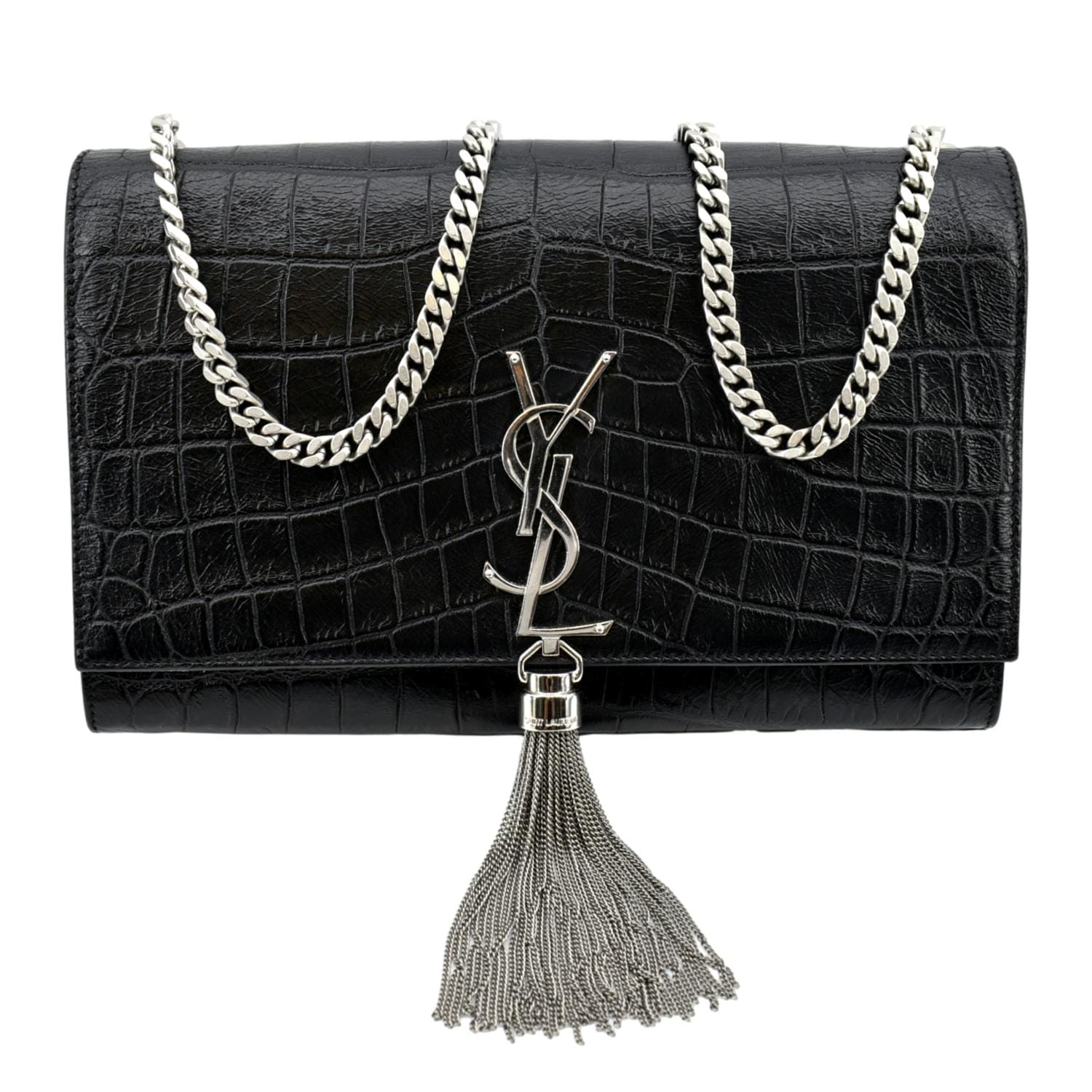 YVES SAINT LAURENT Kate Crocodile Embossed Leather Shoulder Bag Black