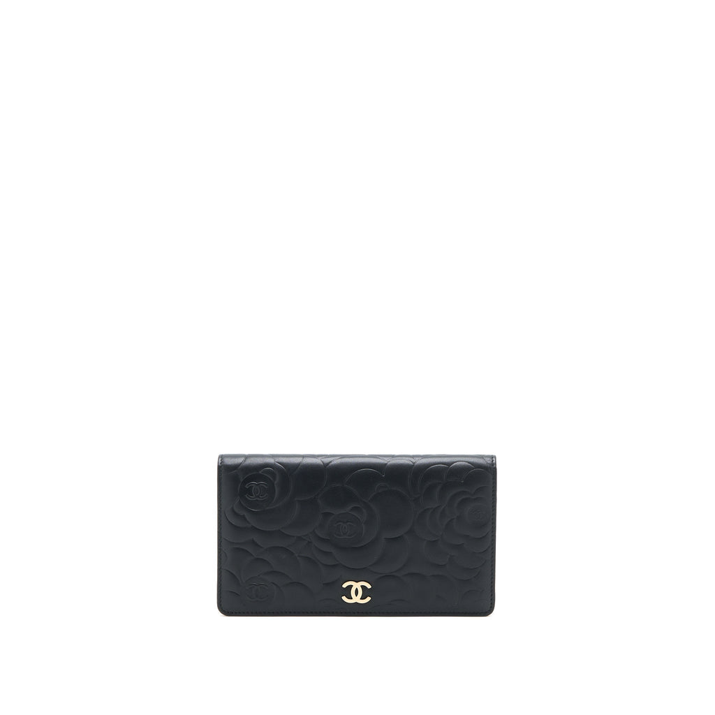 Chanel Camellia Long Flap Wallet Lambskin Black/ Gold