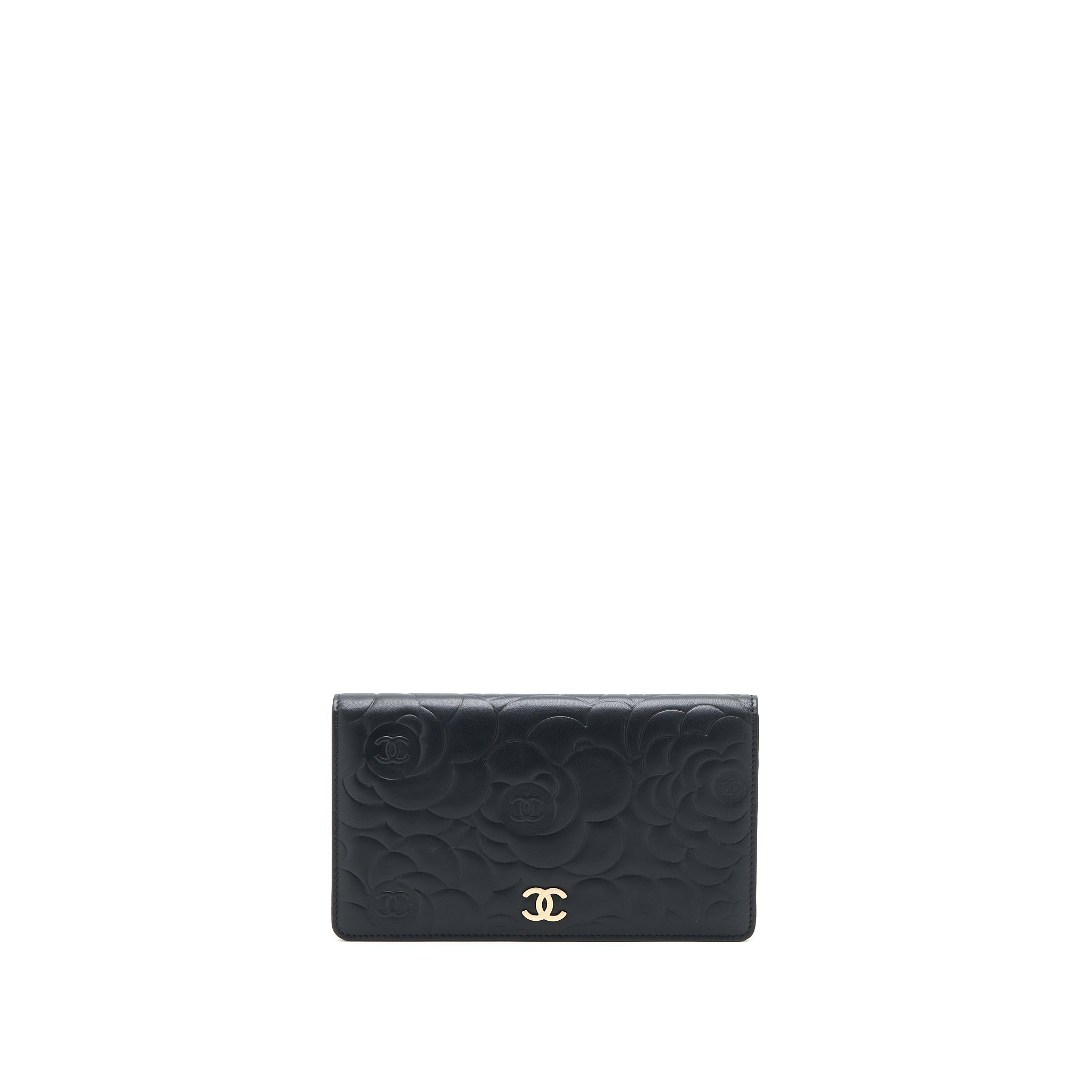 Chanel Camellia Long Flap Wallet Lambskin Black/ Gold