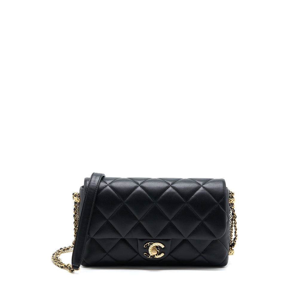 Chanel Quilted Detailed Logo Flap Bag Lambskin Black  (Microchip)