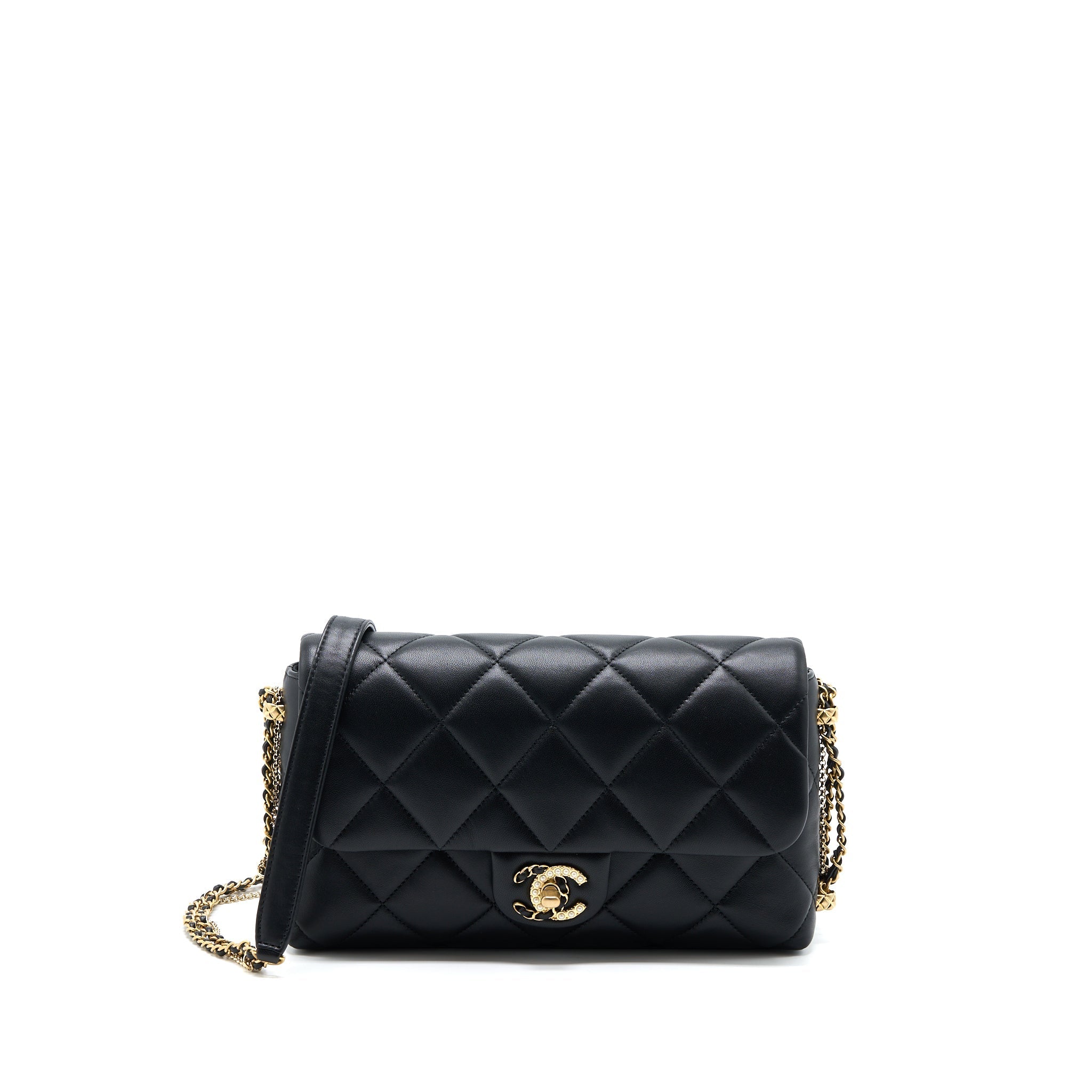 Chanel Quilted Detailed Logo Flap Bag Lambskin Black  (Microchip)