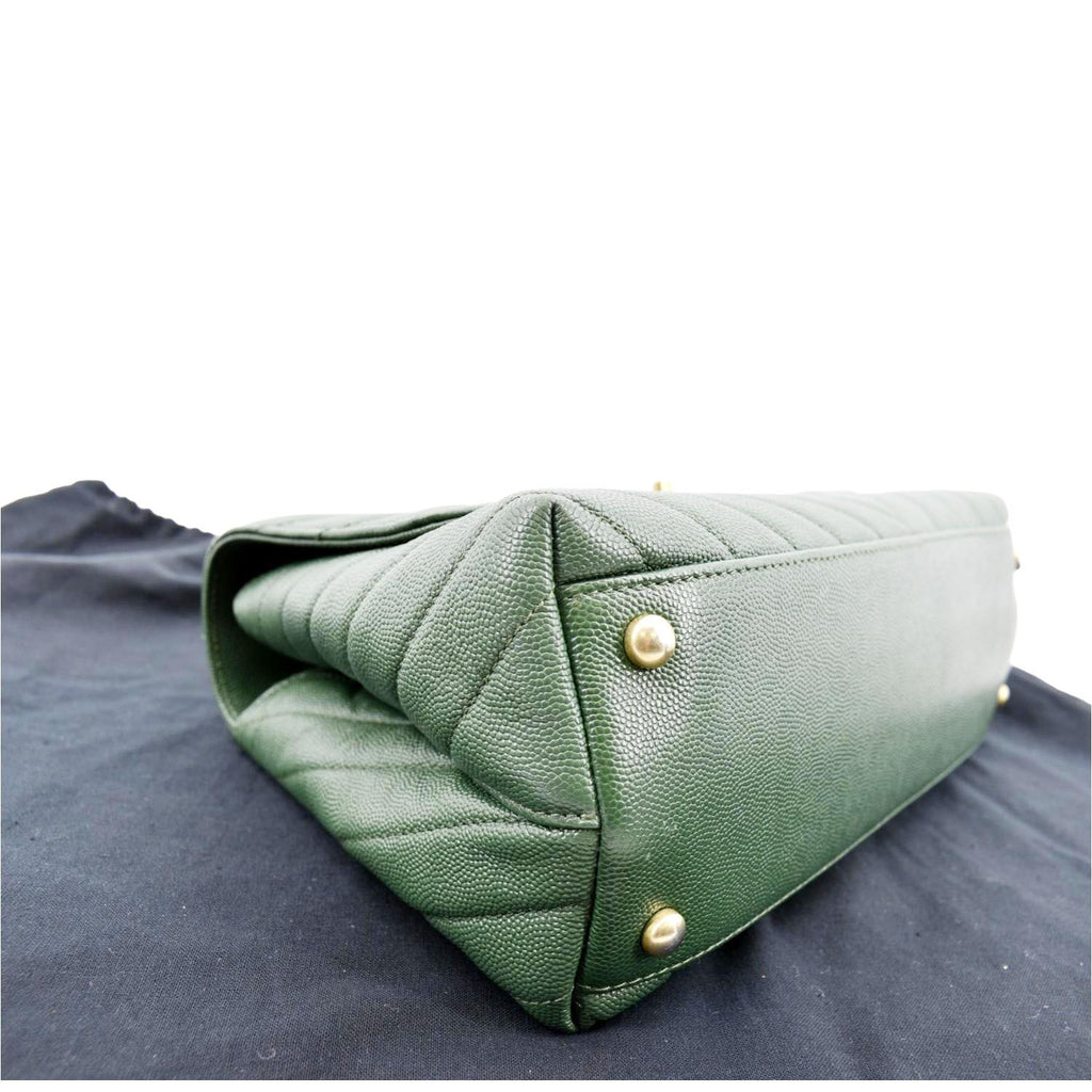 CHANEL CC Caviar Leather Top Handle Flap Shoulder Bag Green