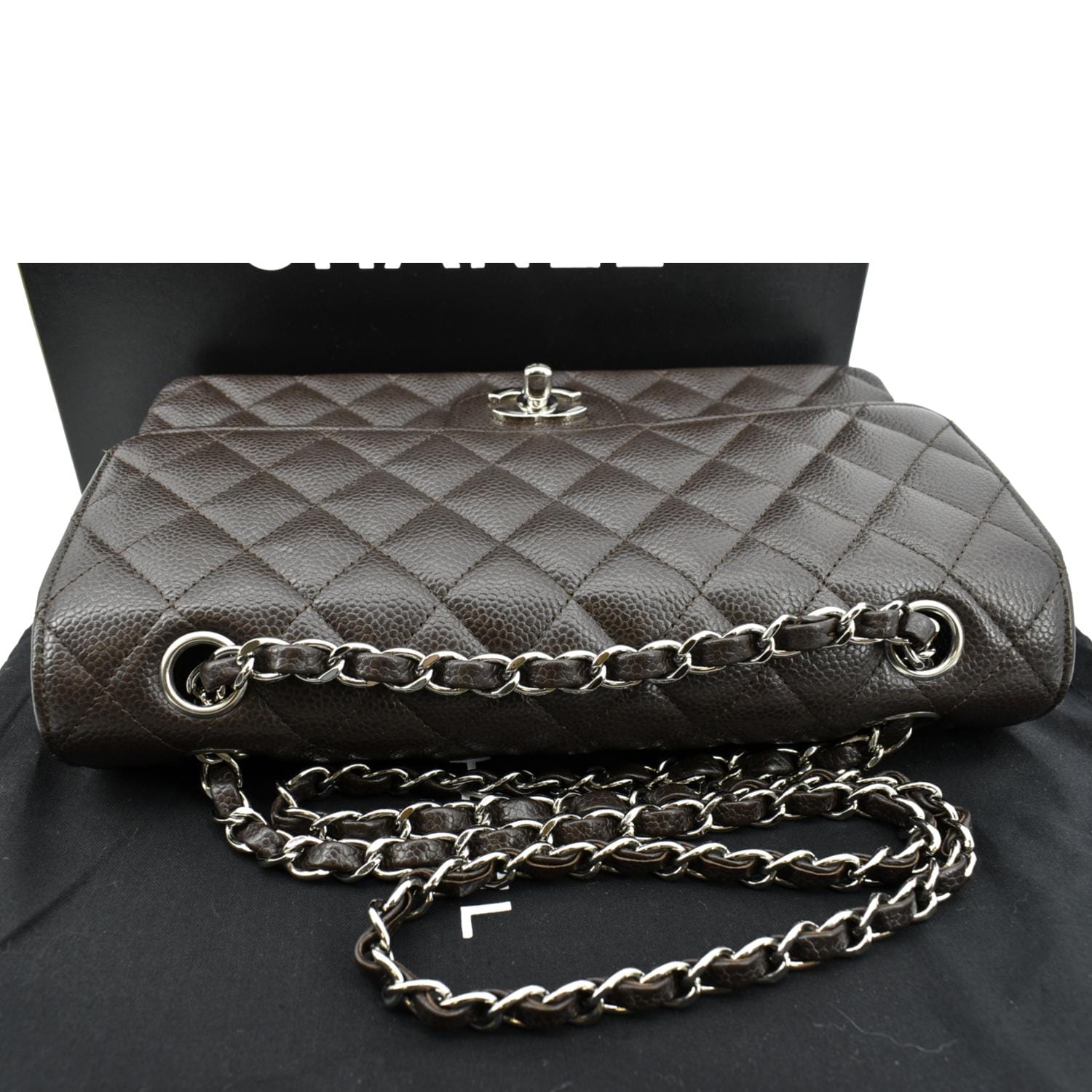 CHANEL Classic Medium Double Flap Caviar Leather Shoulder Bag Chocolate