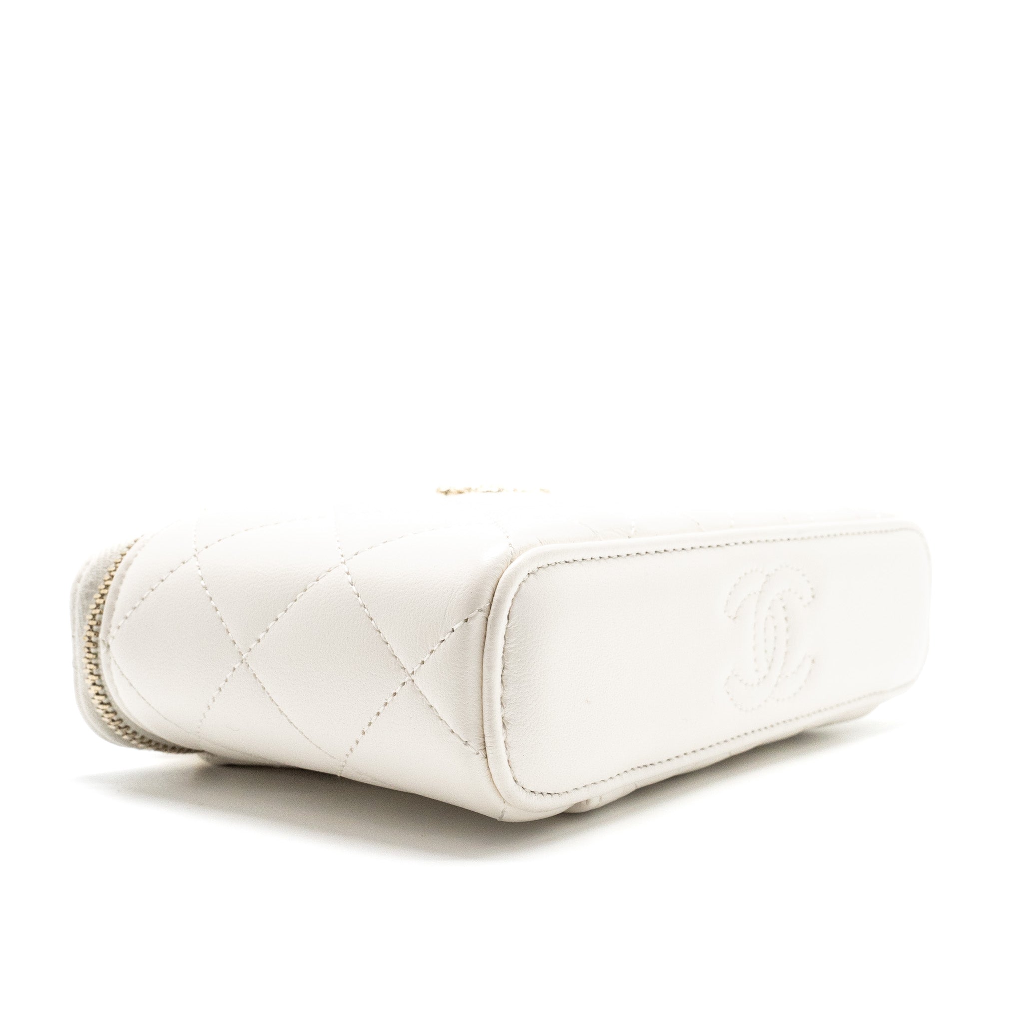 Chanel 23k Camellia Top Handle Long Vanity Case With Chain Calfskin White L (Microchip)
