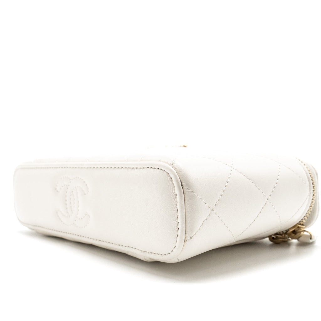 Chanel 23k Camellia Top Handle Long Vanity Case With Chain Calfskin White L (Microchip)