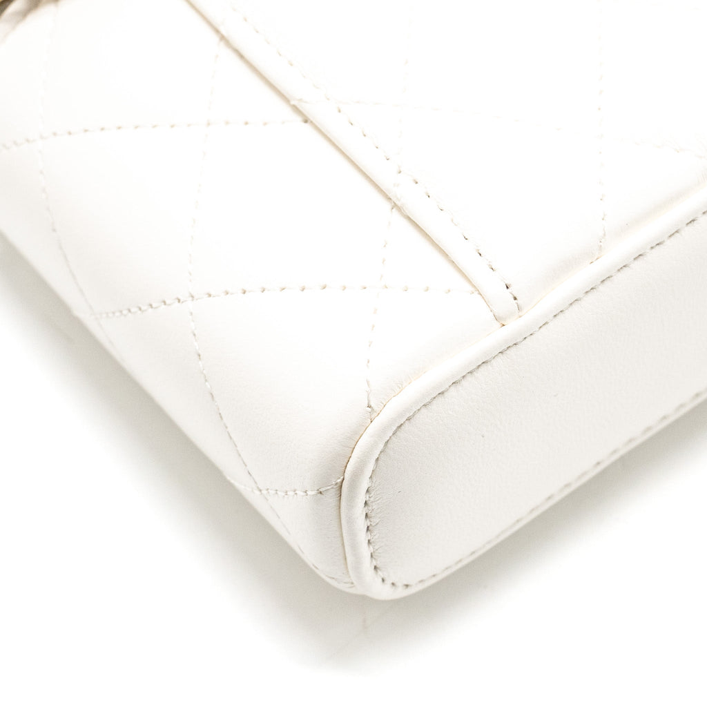 Chanel 23k Camellia Top Handle Long Vanity Case With Chain Calfskin White L (Microchip)