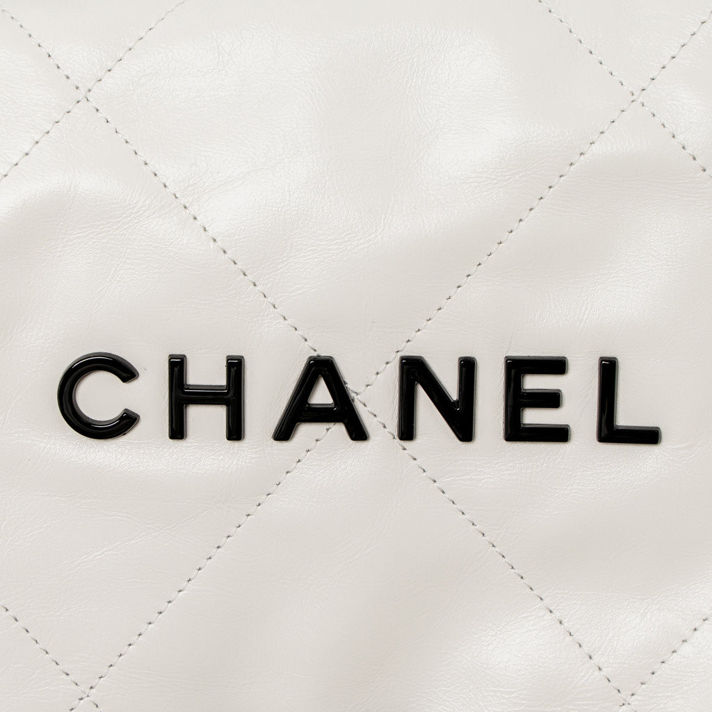 Chanel Small 22 Bag Black Letter Shiny Calfskin White Brushed  (Microchip)