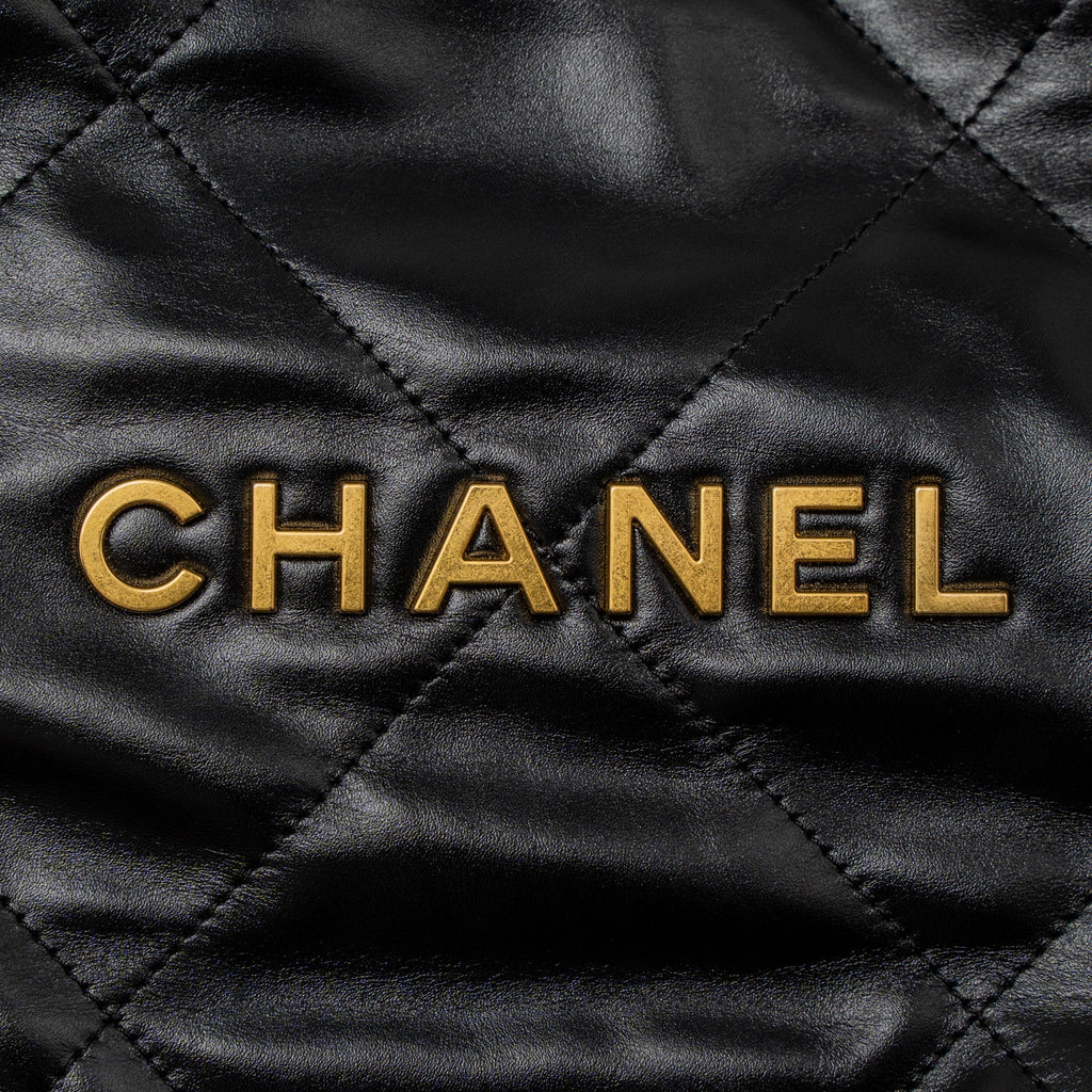 Chanel Small 22 Bag Gold Letter Shiny Calfskin Black Brushed  (Microchip)