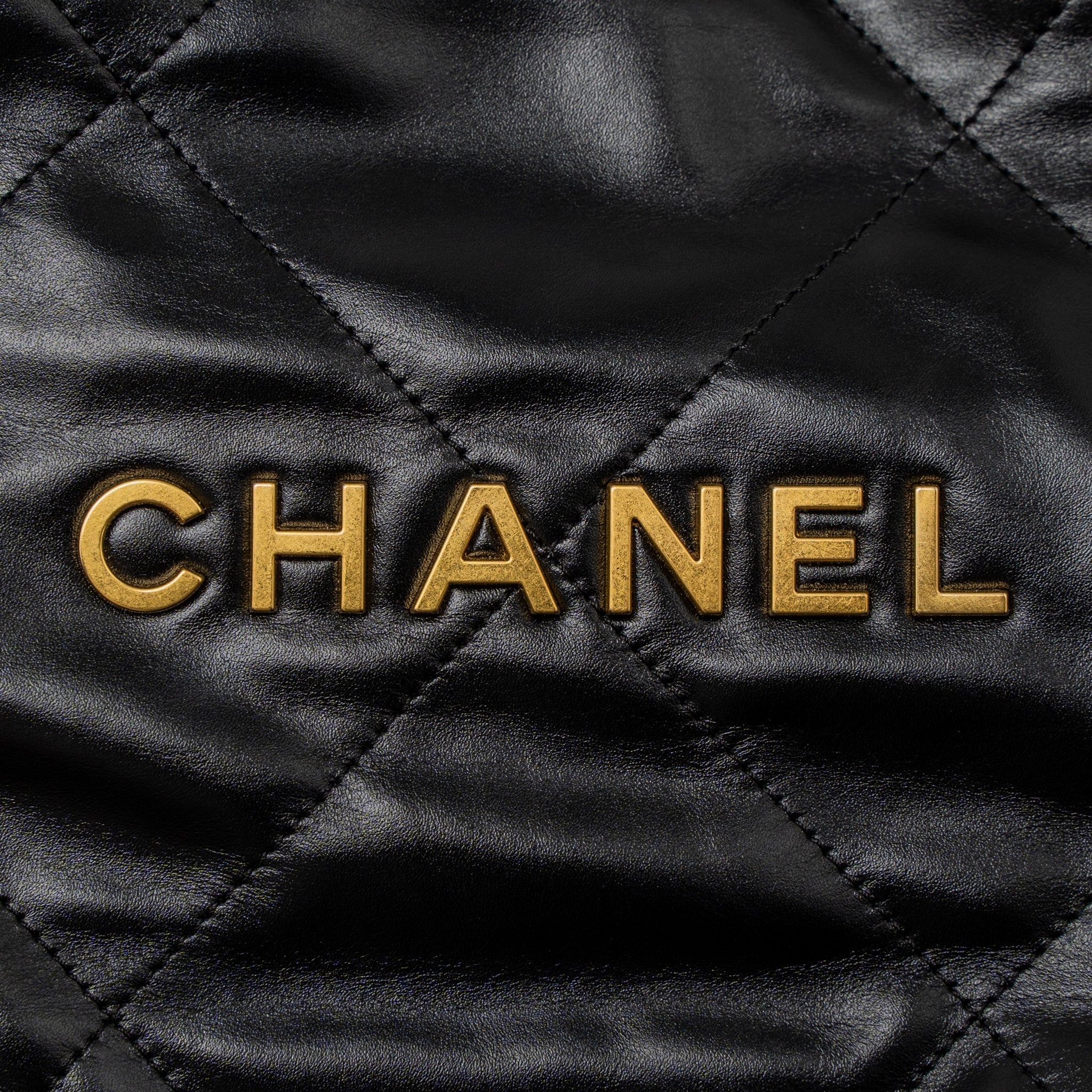 Chanel Small 22 Bag Gold Letter Shiny Calfskin Black Brushed  (Microchip)