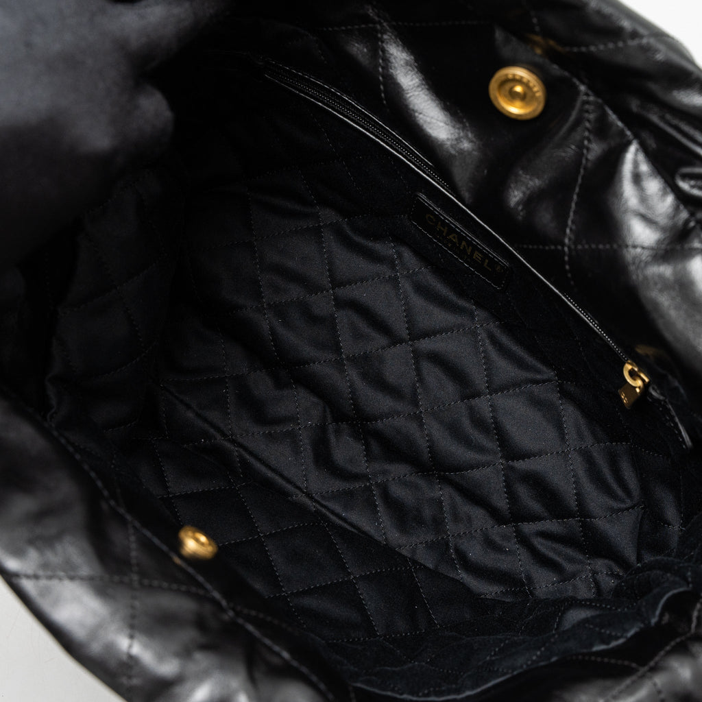 Chanel Small 22 Bag Gold Letter Shiny Calfskin Black Brushed  (Microchip)