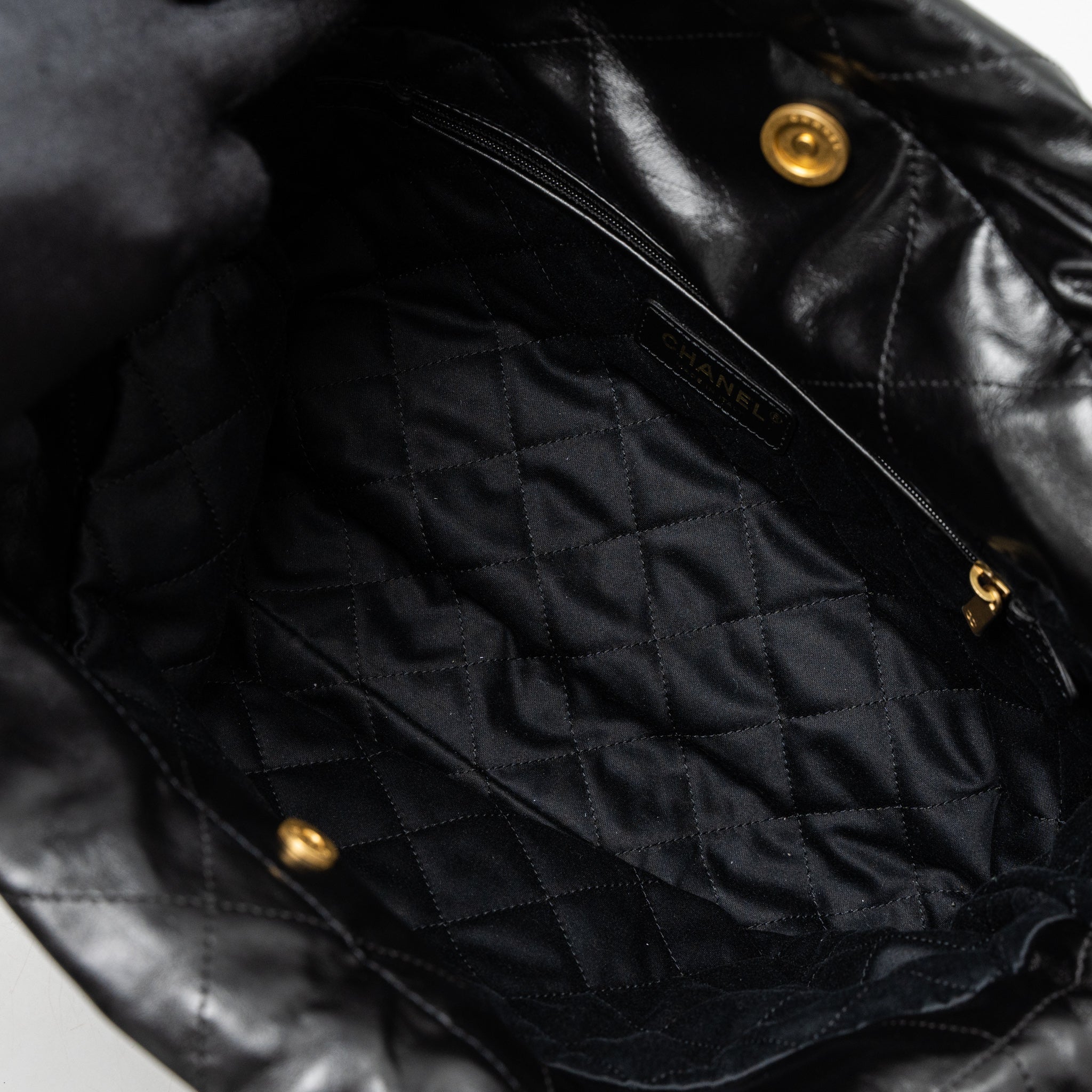 Chanel Small 22 Bag Gold Letter Shiny Calfskin Black Brushed  (Microchip)