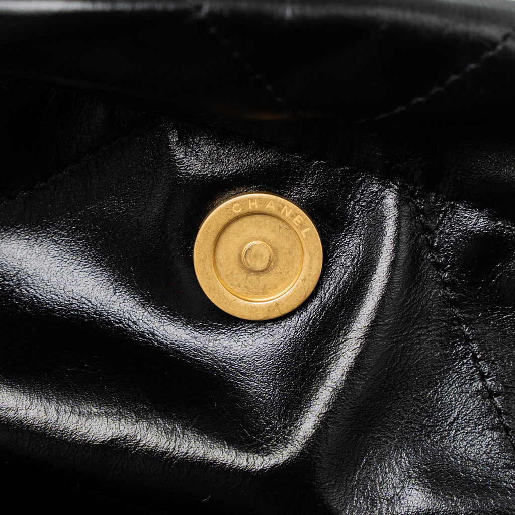 Chanel Small 22 Bag Gold Letter Shiny Calfskin Black Brushed  (Microchip)