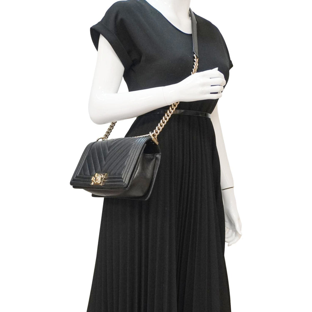 CHANEL Boy Flap Chevron Leather Shoulder Bag Black