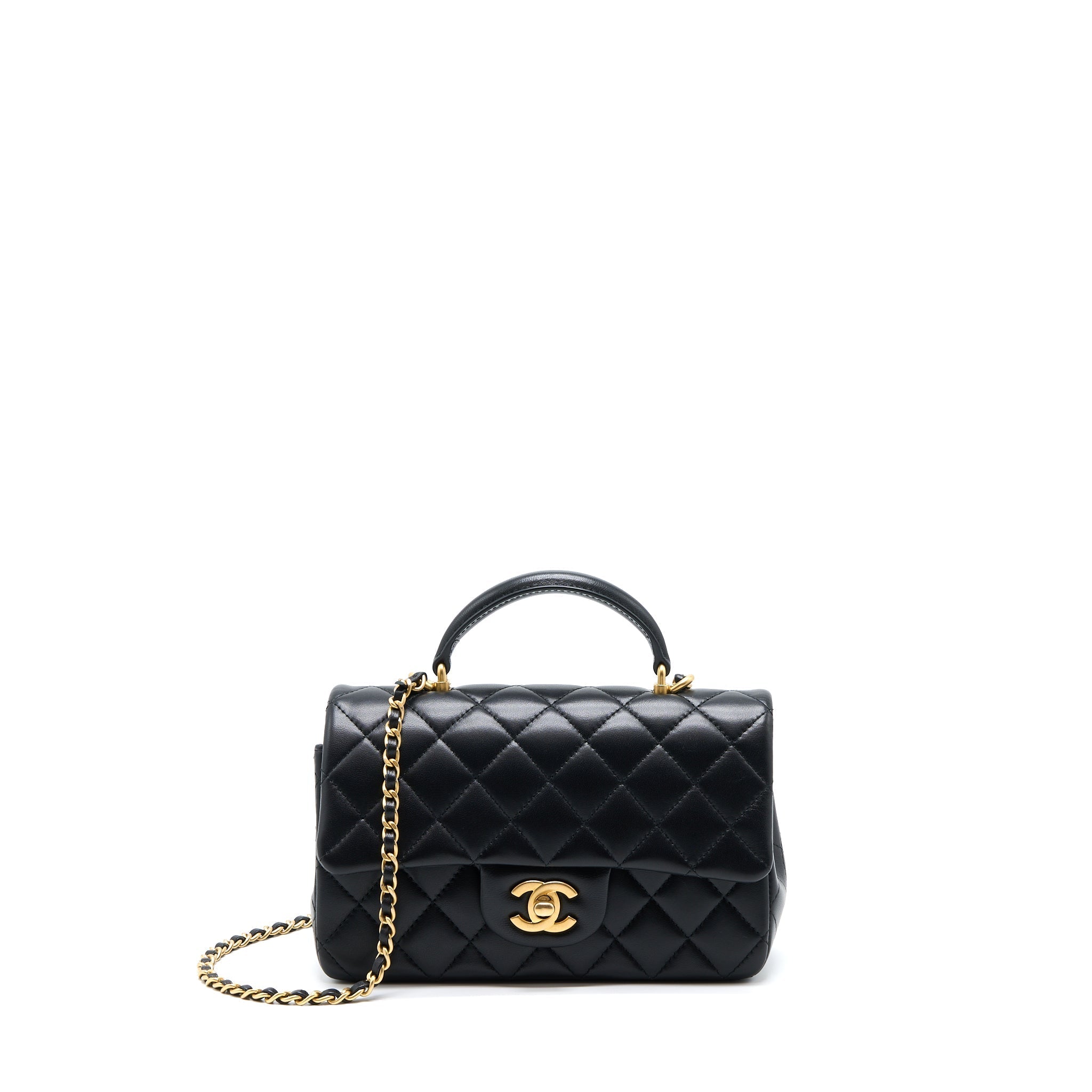 Chanel 21K Top Handle Mini Rectangular Flap Bag Lambskin Black Brushed (Microchip)