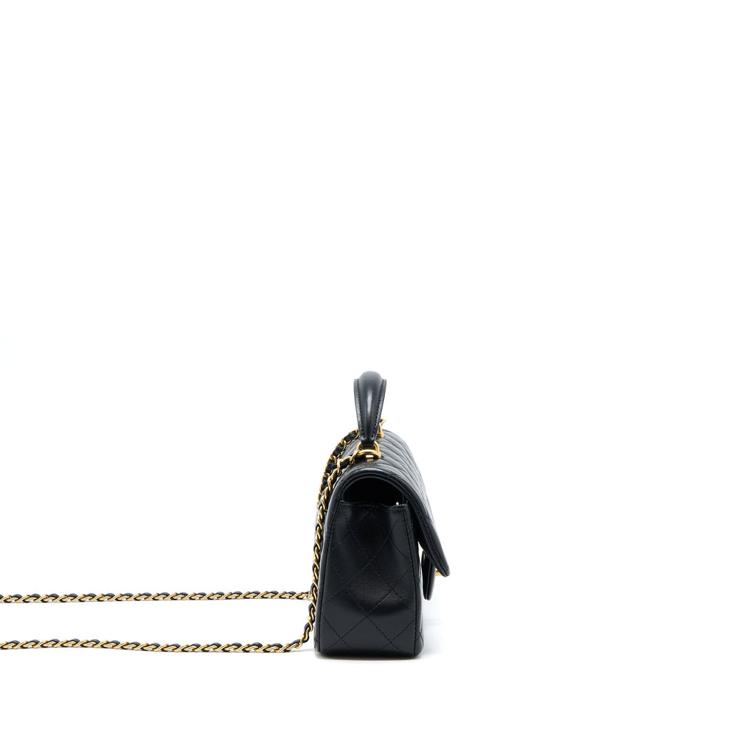 Chanel 21K Top Handle Mini Rectangular Flap Bag Lambskin Black Brushed (Microchip)