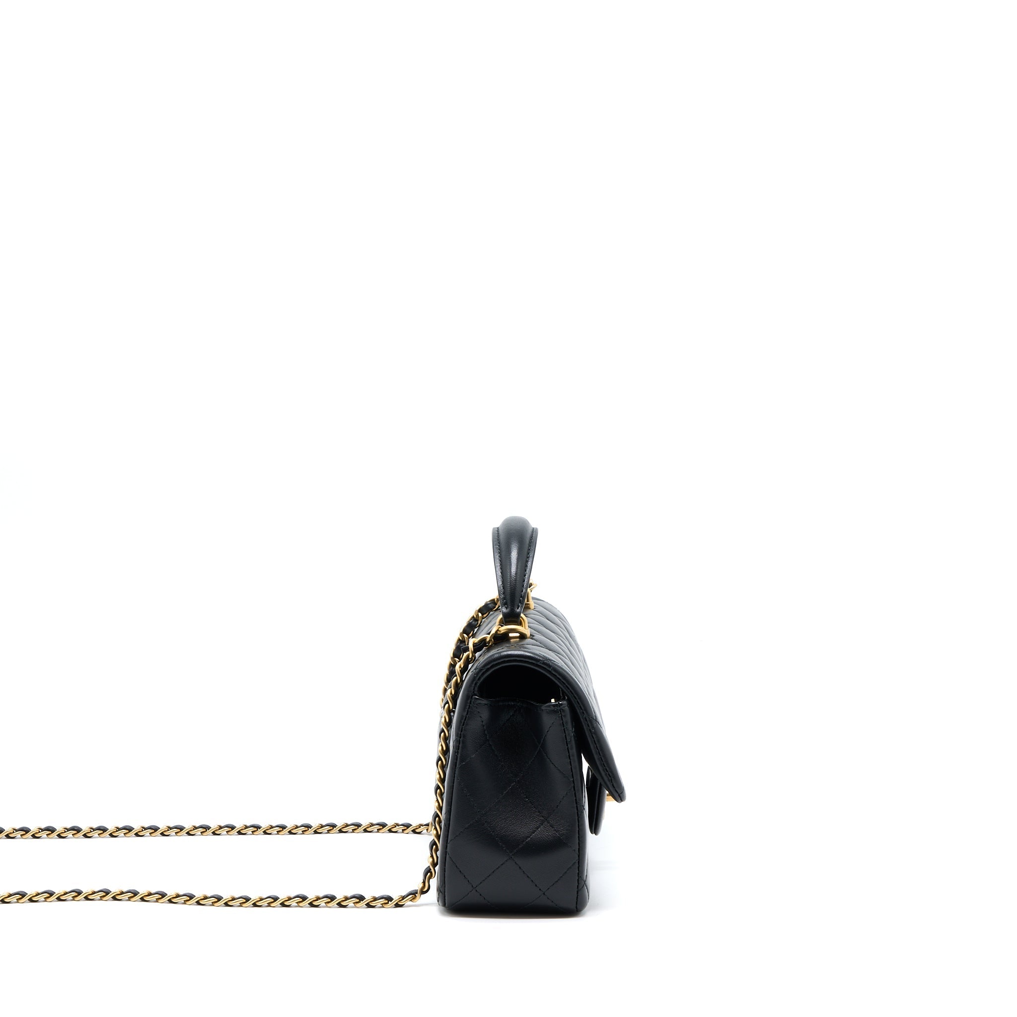Chanel 21K Top Handle Mini Rectangular Flap Bag Lambskin Black Brushed (Microchip)