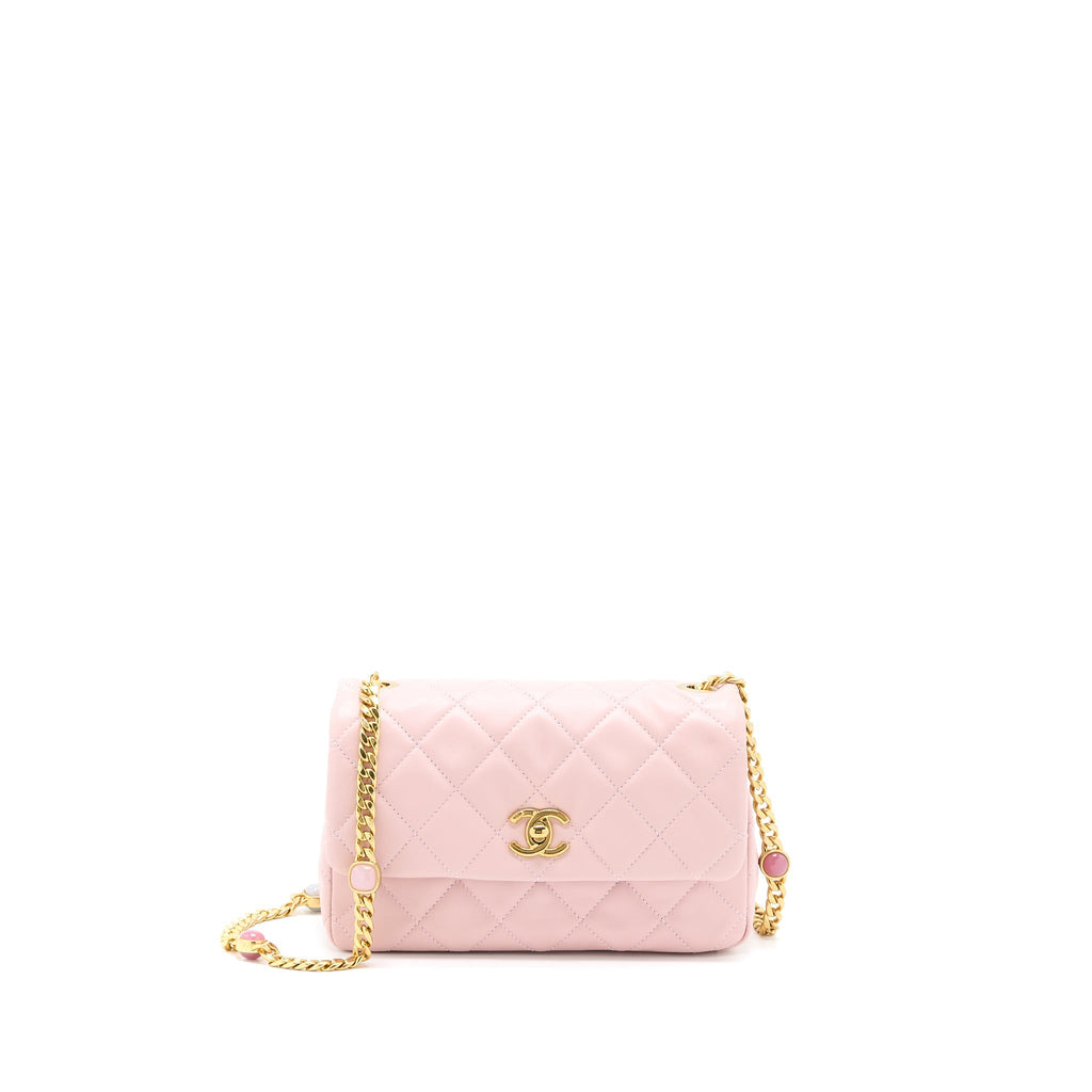 Chanel 22B Small Flap Bag With Gem Chain Lambskin Pink  (Microchip)