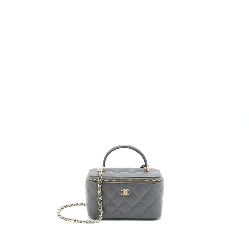 Chanel 22A Top Handle Long Vanity With Chain Lambskin Grey L
