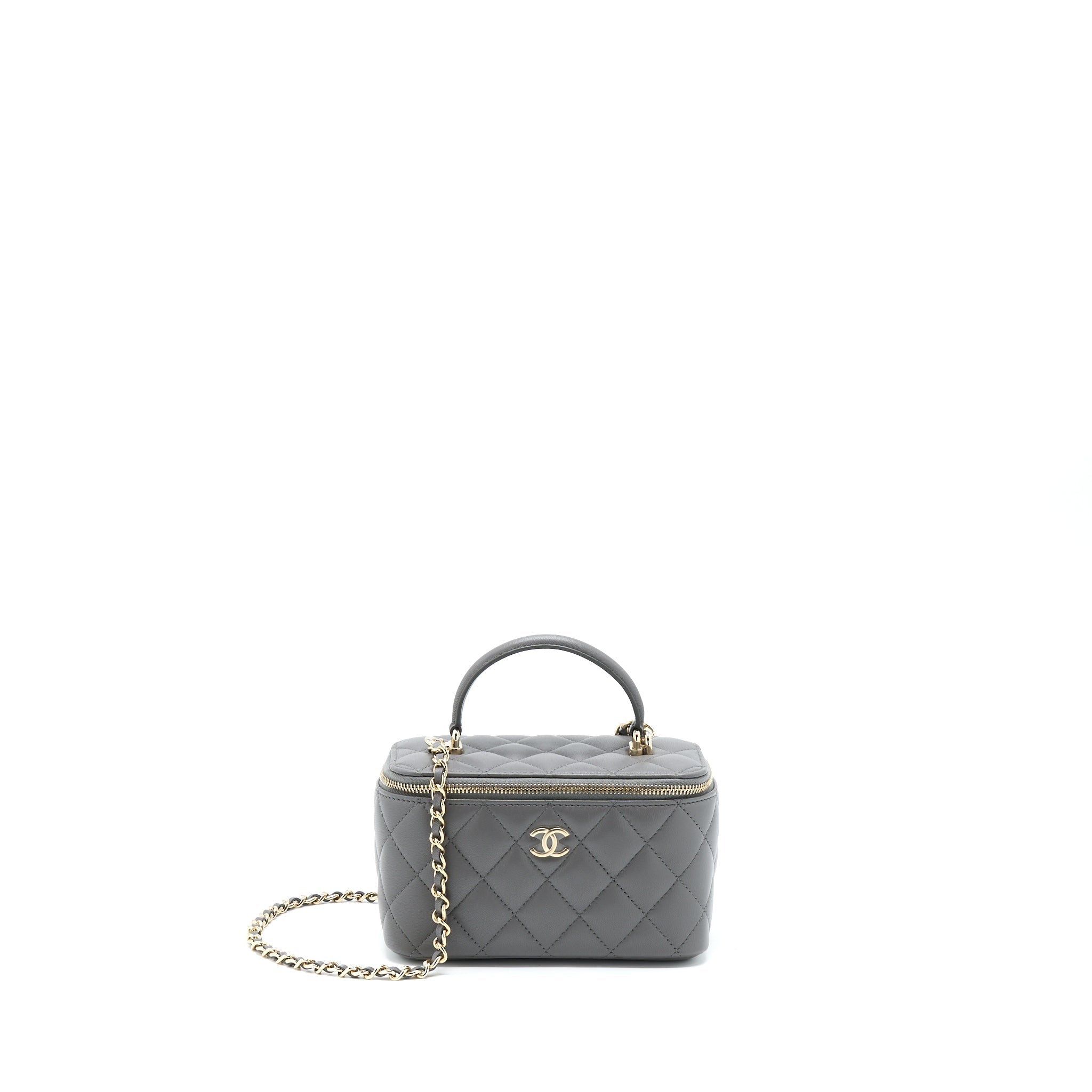 Chanel 22A Top Handle Long Vanity With Chain Lambskin Grey L