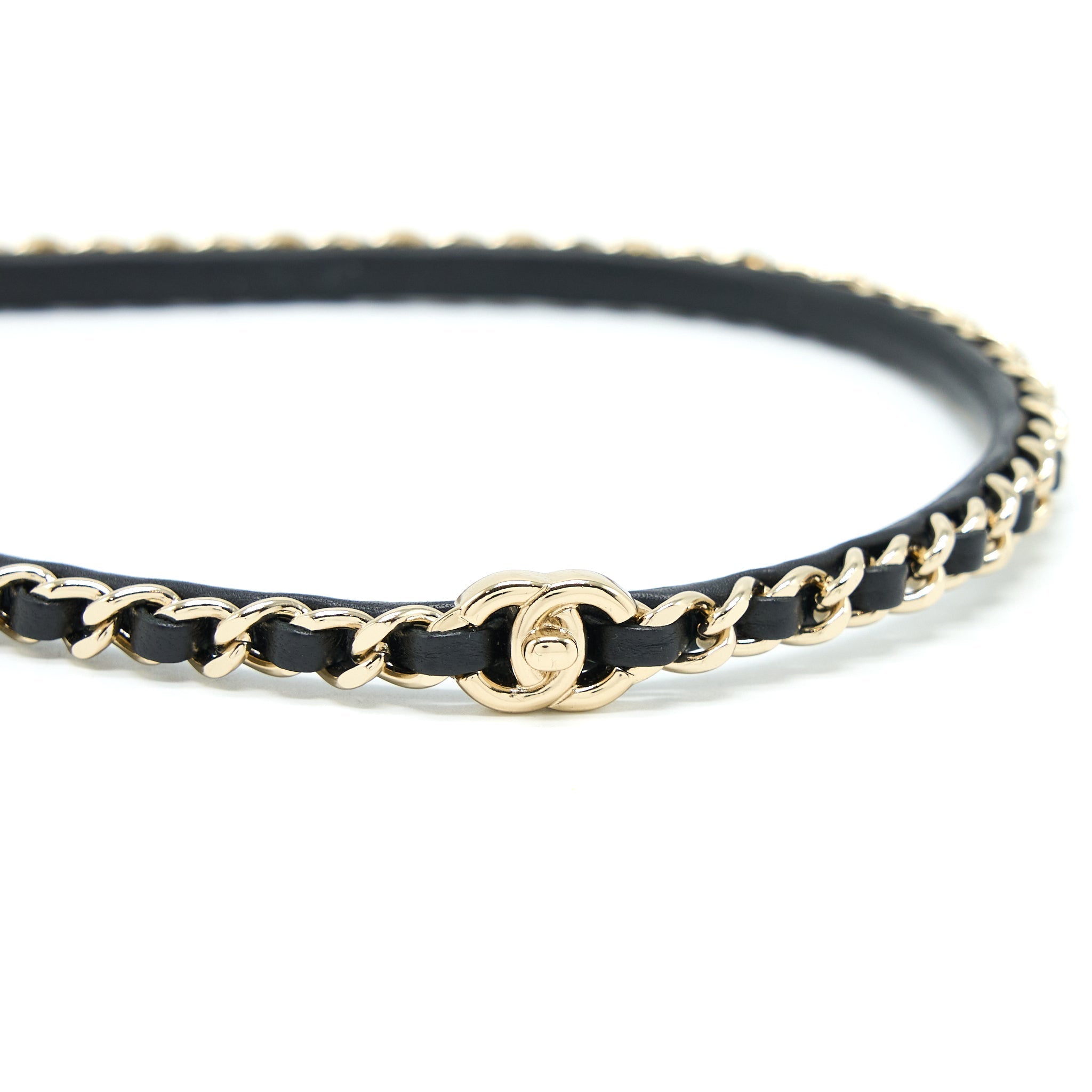Chanel Leather Chain Hair Band Black Light Gold Tone