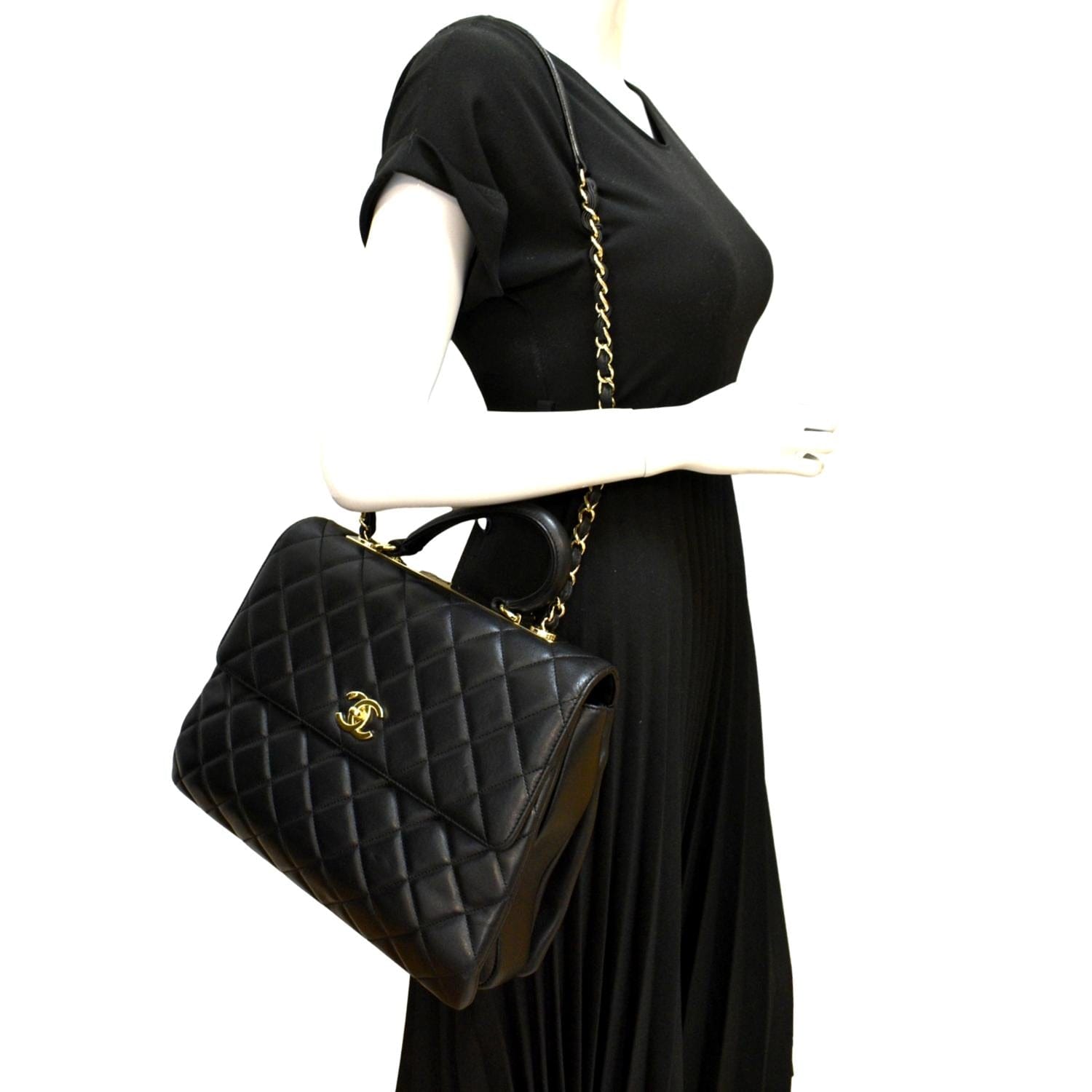 CHANEL Trendy CC Top Handle Flap Quilted Leather Shoulder Bag Black