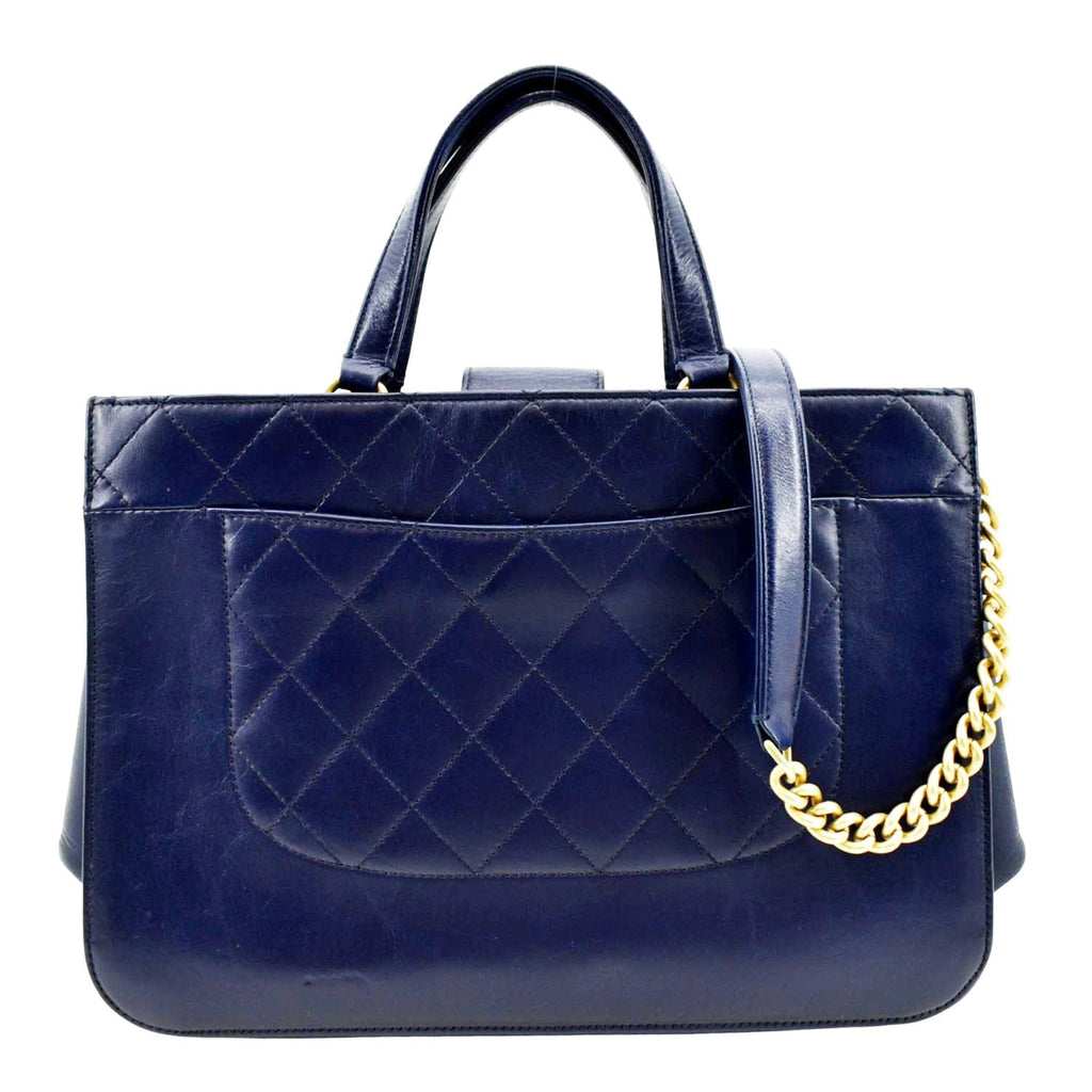 CHANEL Small Straight Lined Shopping Quilted Leather Tote Bag Blue
