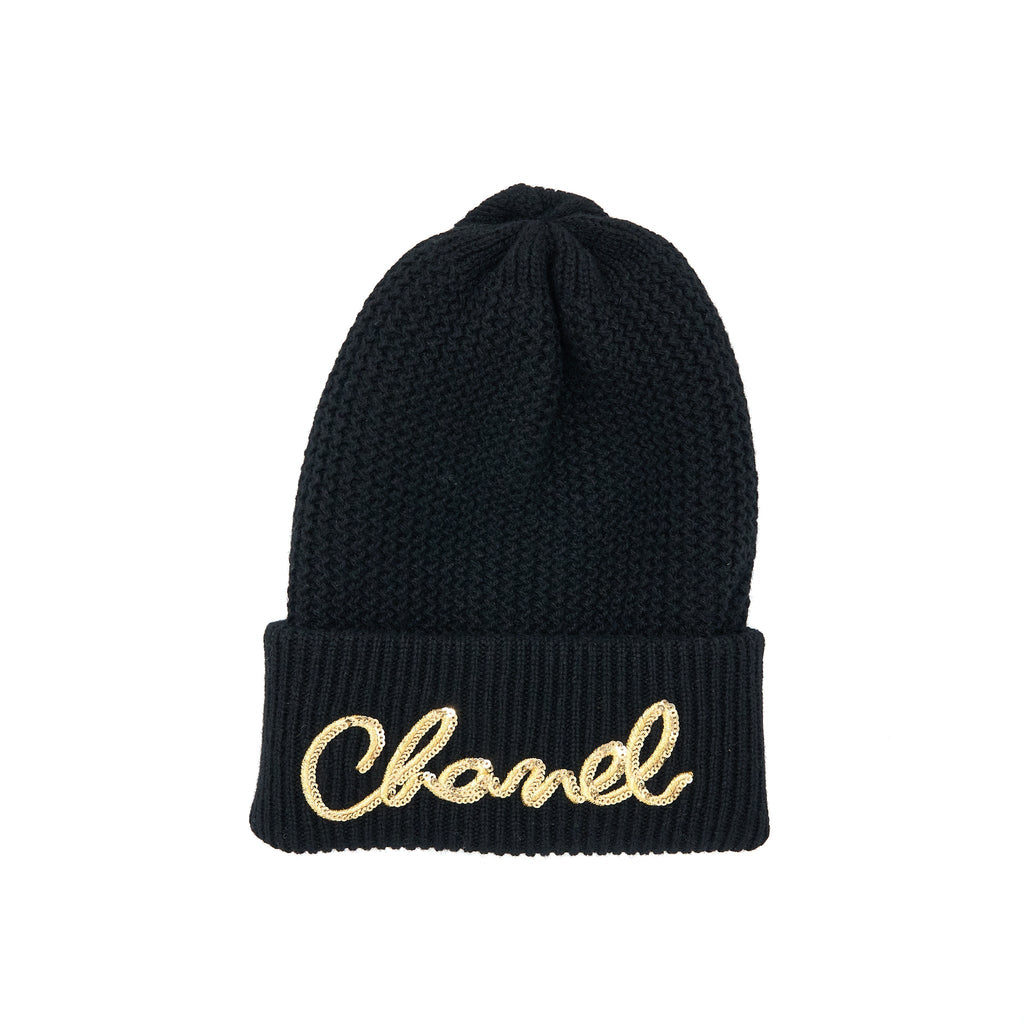 Chanel Cashmere Beanie Black With Gold Letters