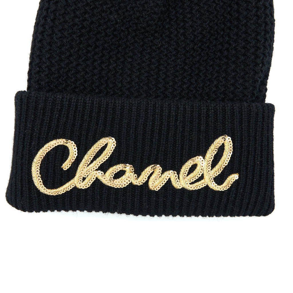 Chanel Cashmere Beanie Black With Gold Letters