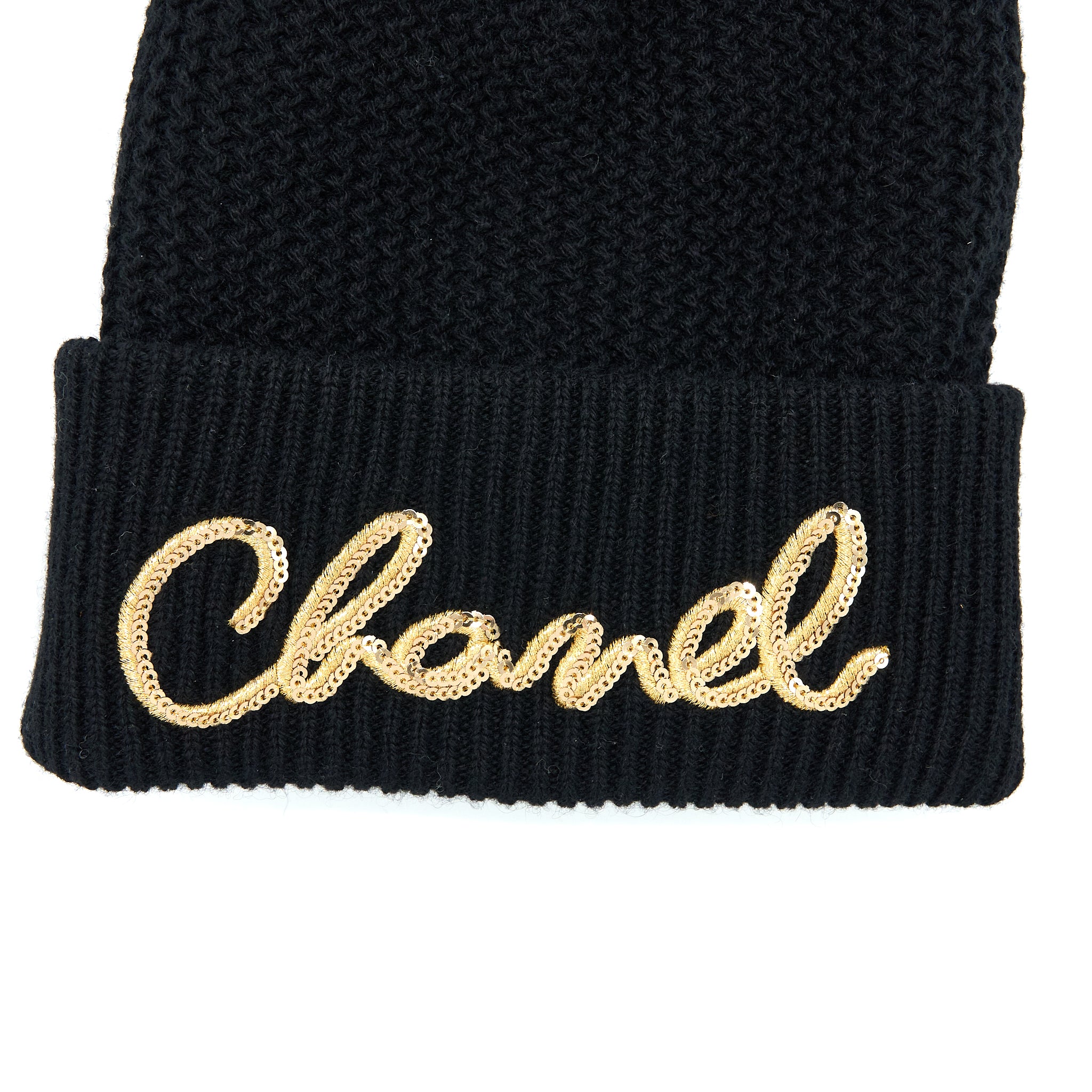 Chanel Cashmere Beanie Black With Gold Letters