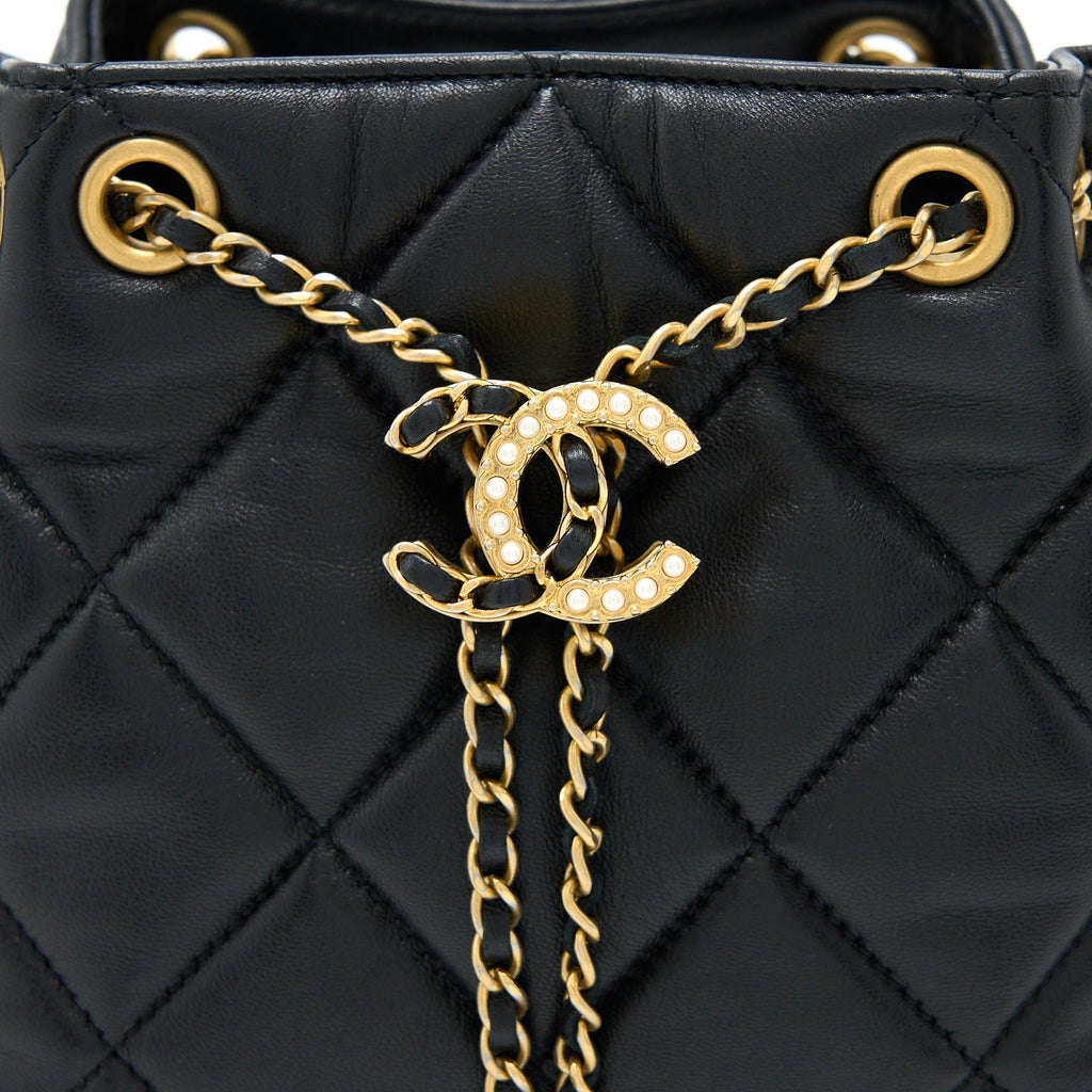 Chanel Drawstring Bucket Bag Lambskin Black  (Microchip)