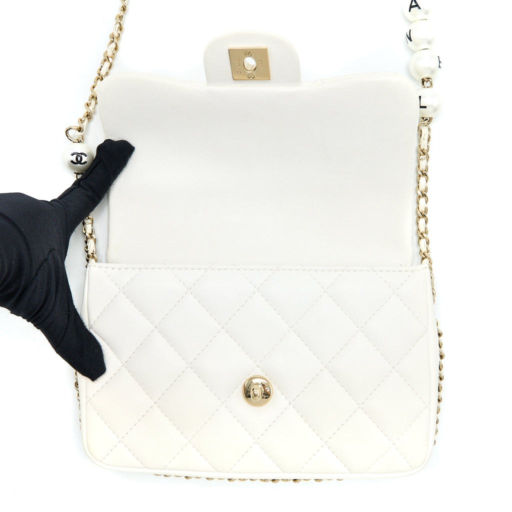 Chanel Small Pearl Logo Chain Bag Lambskin White L