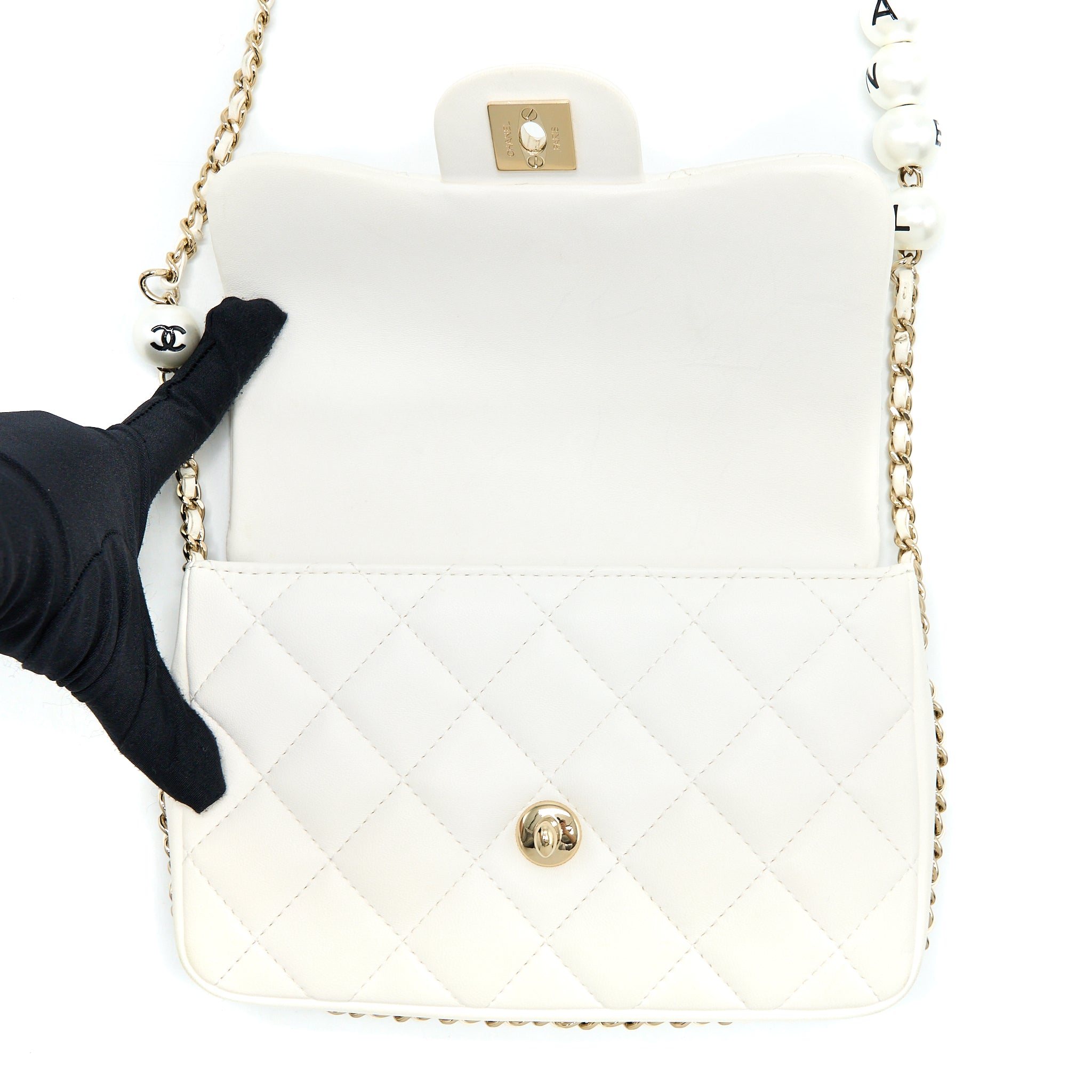 Chanel Small Pearl Logo Chain Bag Lambskin White L