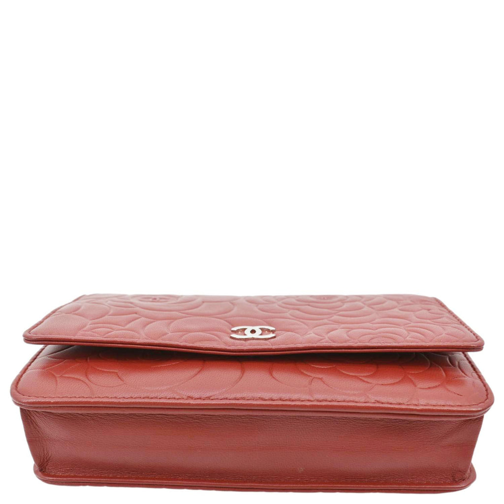 CHANEL Camellia Wallet On Chain Leather Woc Crossbody Bag Red