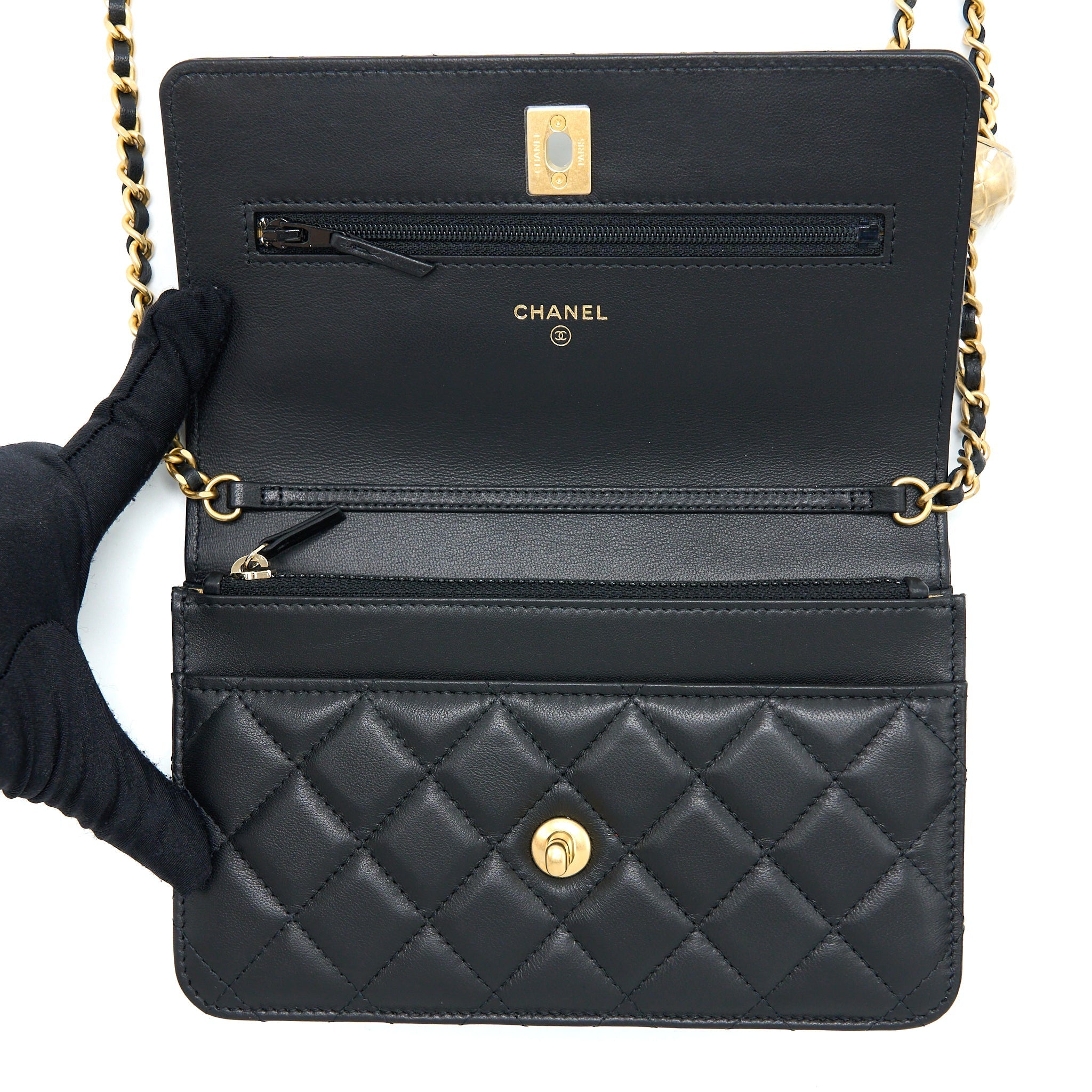 Chanel Pearl Crush Wallet On Chain Lambskin Black Brushed  (Microchip)