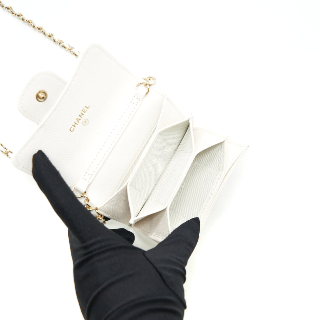 Chanel 21B Card Holder On Chain Caviar White L