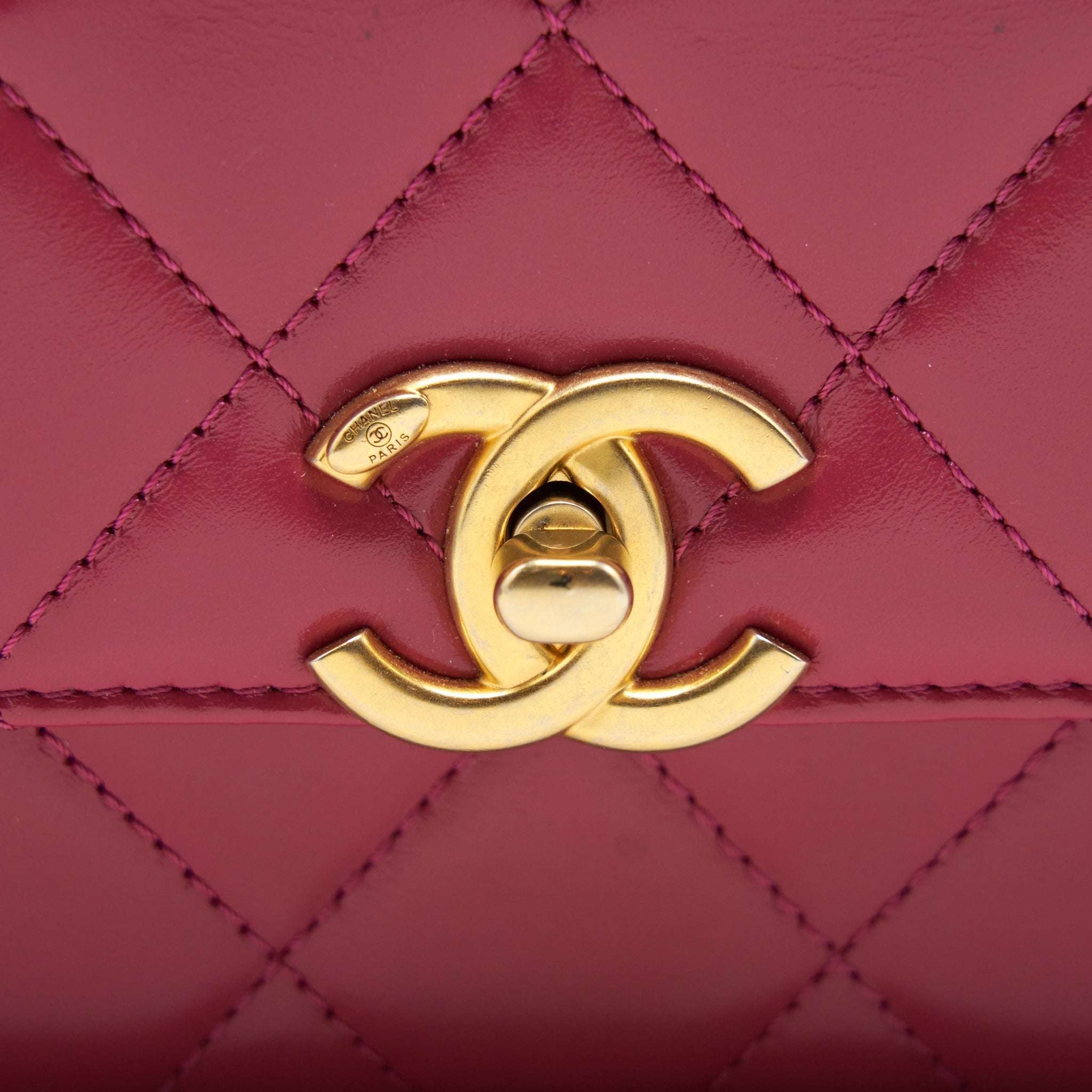 Chanel 21A Small Gold Crush Flap Bag With Chain Calfskin Raspberry Pink