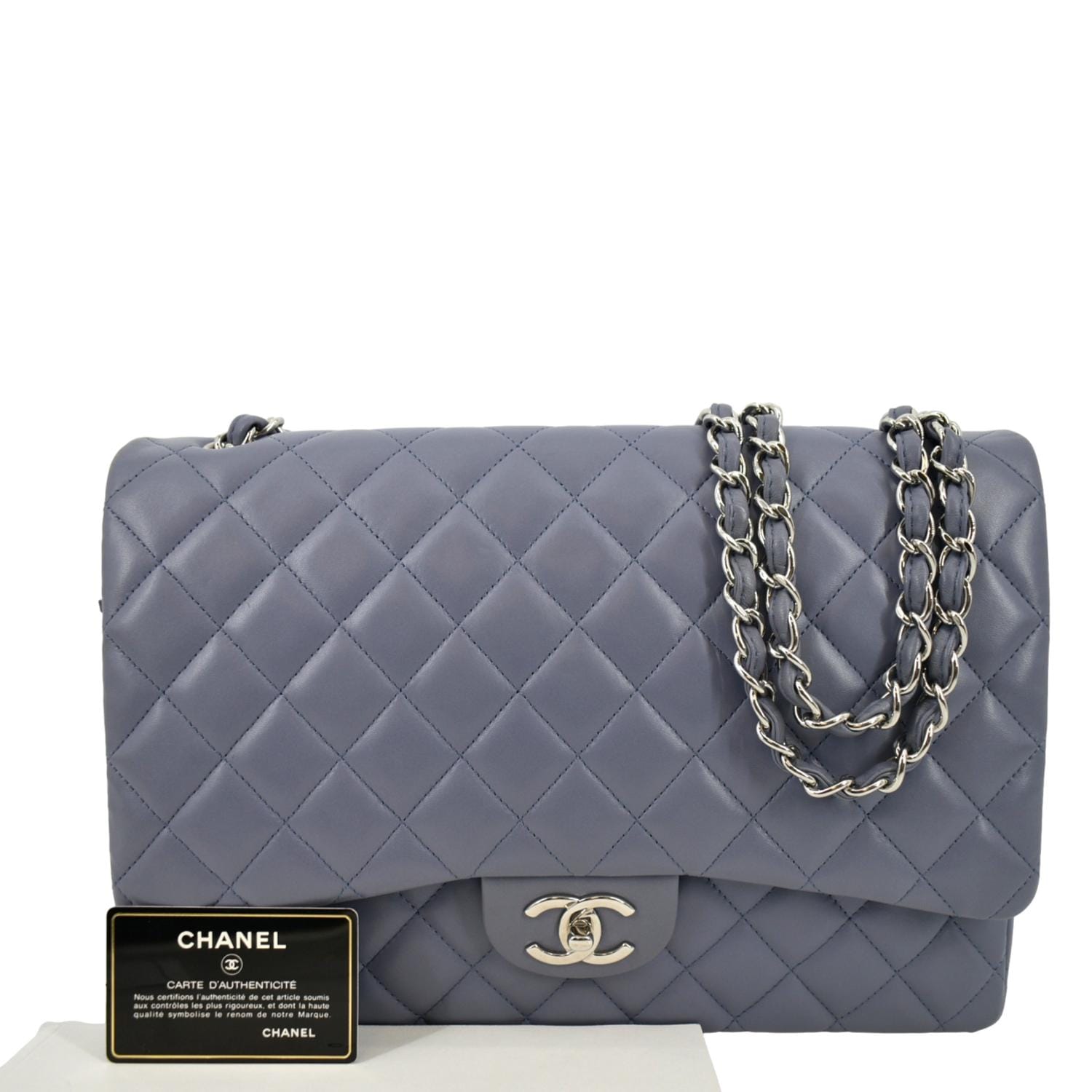 CHANEL Classic Maxi Double Flap Quilted Lambskin Leather Shoulder Bag Light Purple