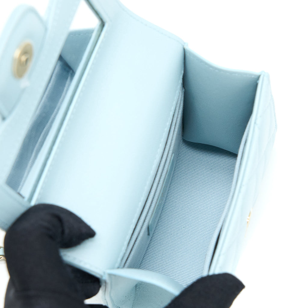 Chanel Top Handle Mini Flap Bag Lambskin Light Blue L