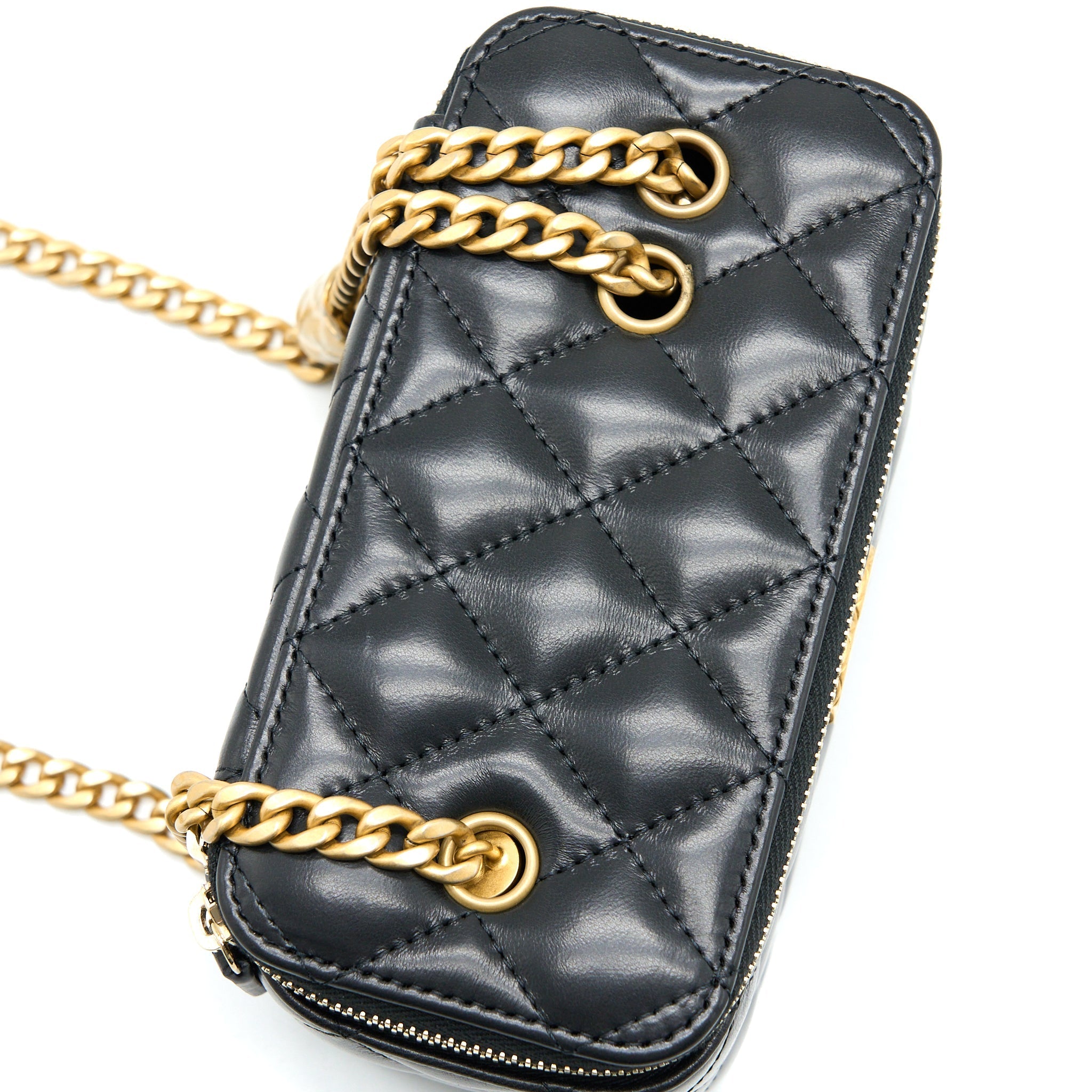 Chanel 22K Gold Pillar Adjustable Chain Long Vanity Lambskin Black