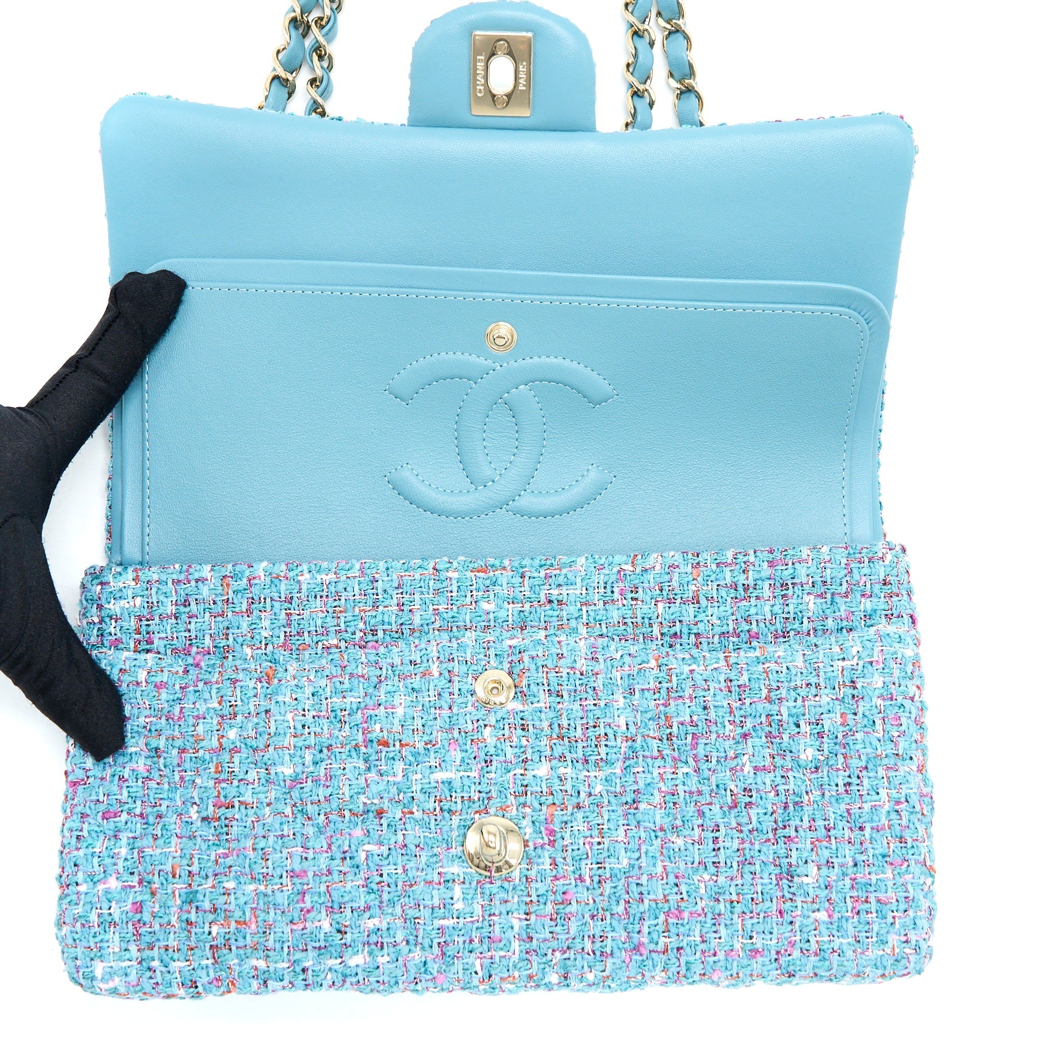 Chanel Tweed Medium Classic Double Flap Bag Light Blue L