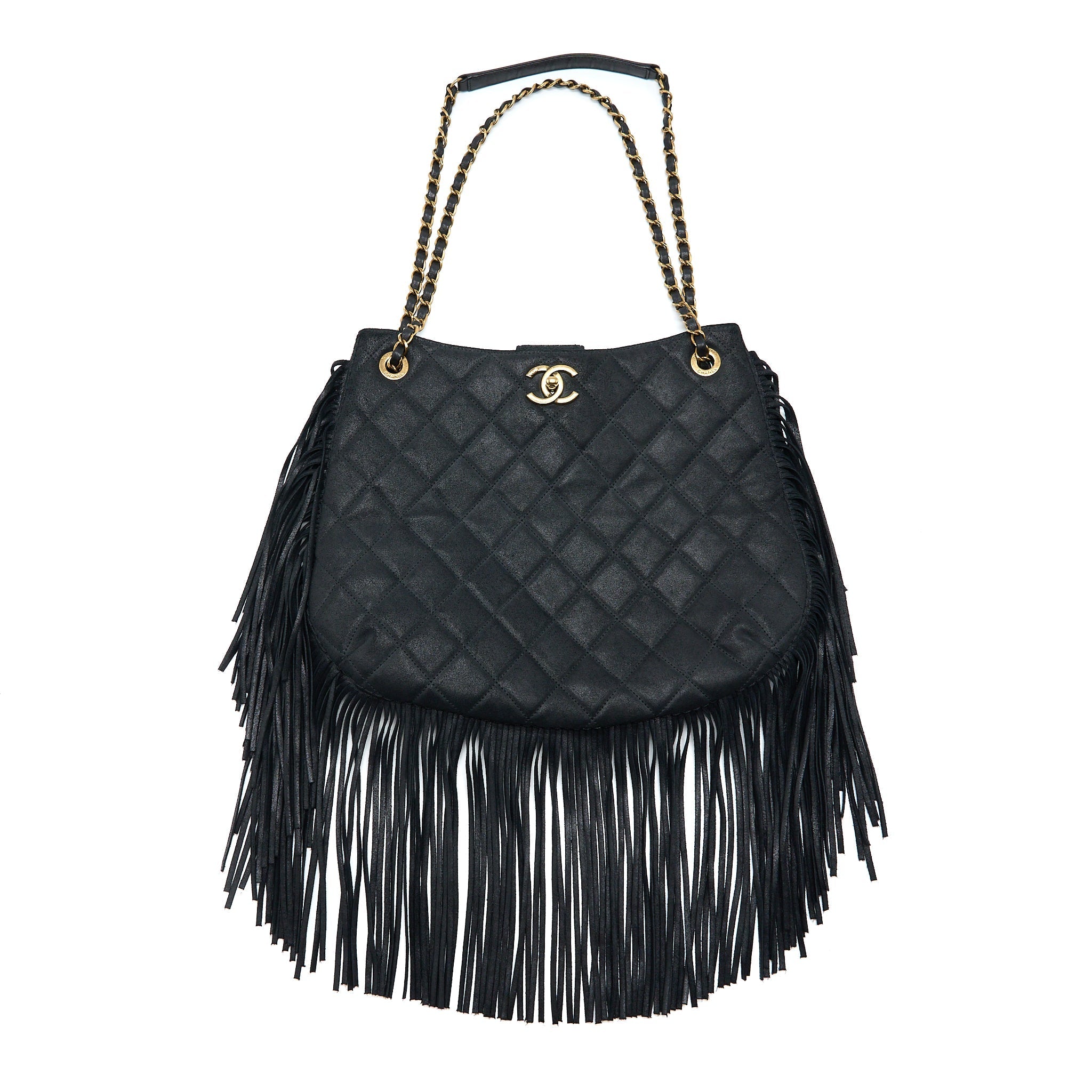Chanel Tassel Hobo Bag Fringed Shiny Calfskin Black Brushed
