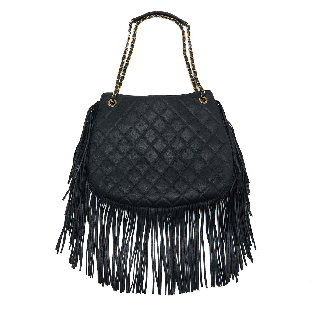 Chanel Tassel Hobo Bag Fringed Shiny Calfskin Black Brushed