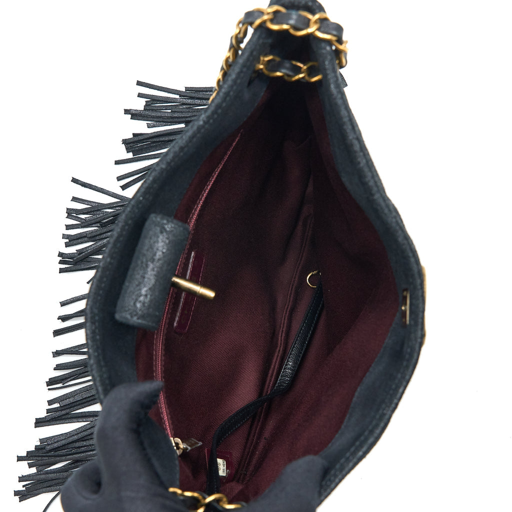 Chanel Tassel Hobo Bag Fringed Shiny Calfskin Black Brushed