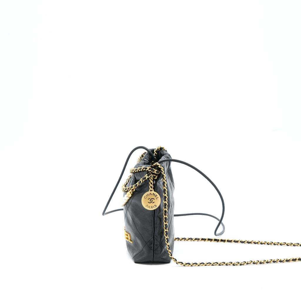 Chanel 23S Mini 22 Bag with Pearl Shiny Calfskin Black  (Microchip)