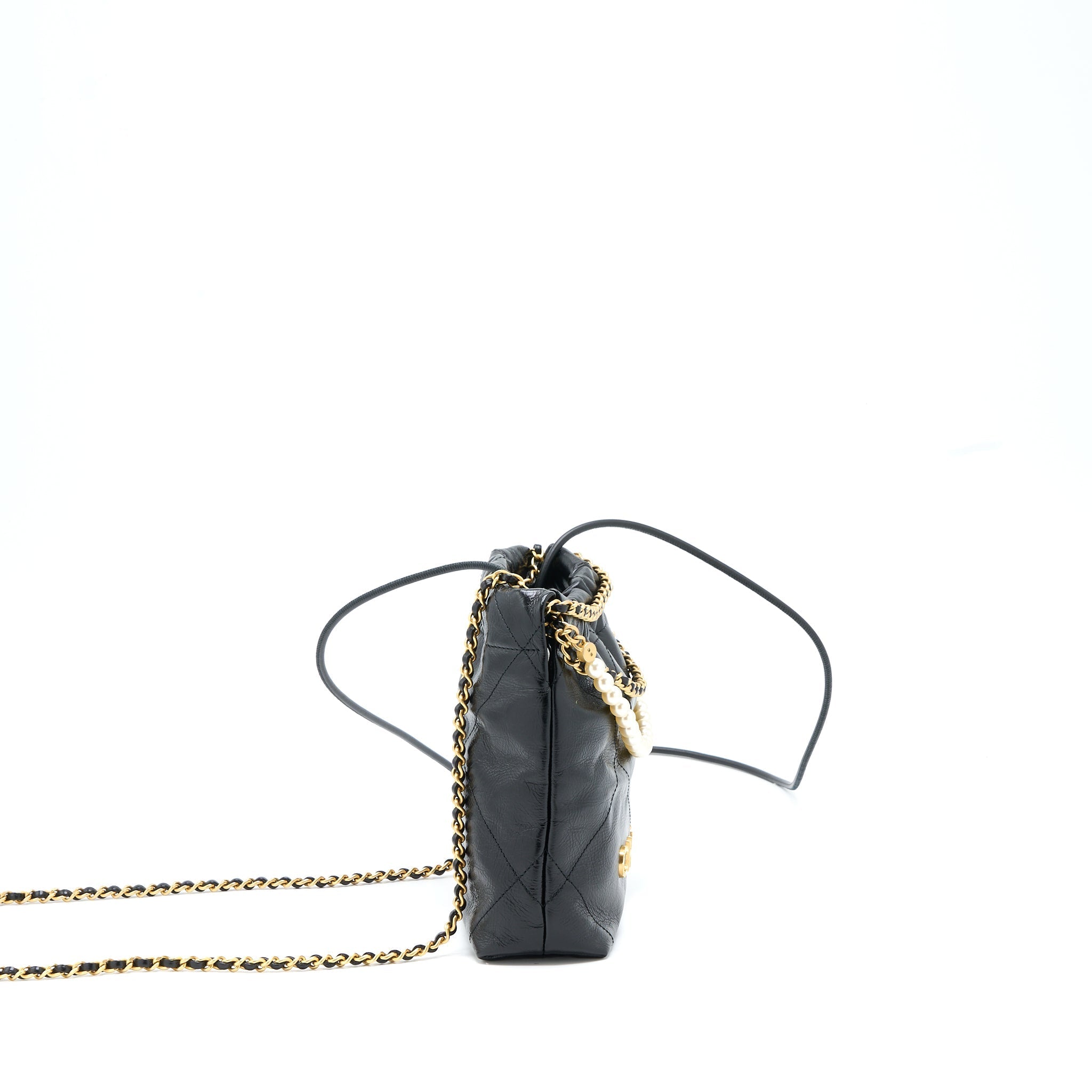 Chanel 23S Mini 22 Bag with Pearl Shiny Calfskin Black  (Microchip)